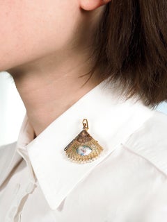 Victorian Diamond Pearl Enamel 18K Gold Antique Fan Dog Locket Pendant Brooch