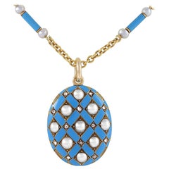 Victorian Diamond Pearl Enamel and Gold Pendant Locket