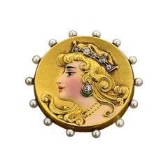 Victorian Diamond Pearl Enamel Queen Brooch-Pendant