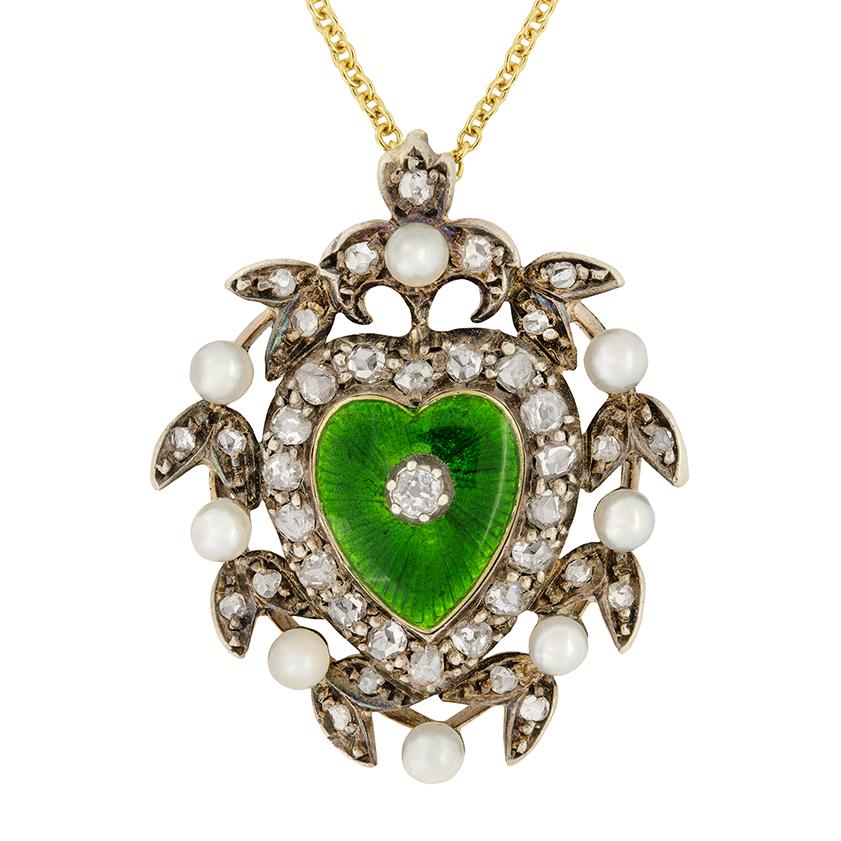 Victorian Diamond & Pearl Enamelled Heart Necklace, c.1880s In Good Condition For Sale In London, GB