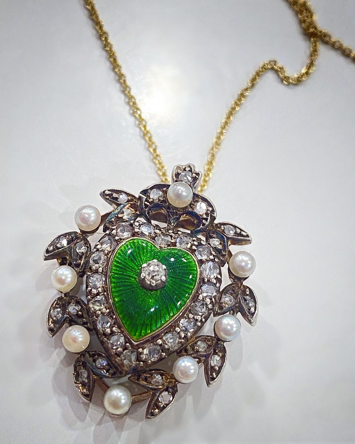 Victorian Diamond & Pearl Enamelled Heart Necklace, c.1880s For Sale 1
