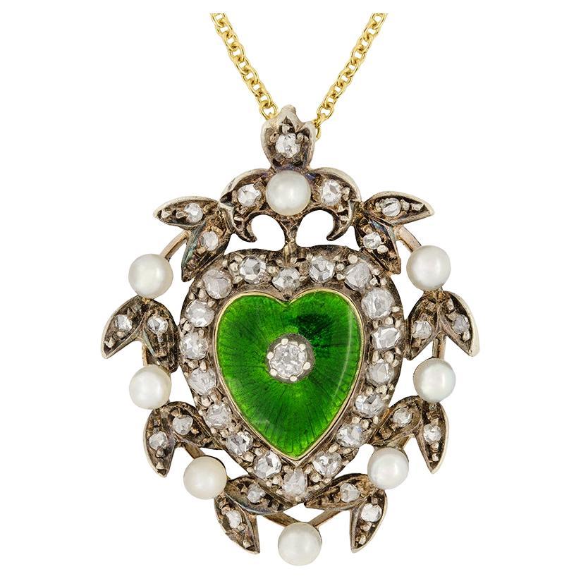 Victorian Diamond & Pearl Enamelled Heart Necklace, c.1880s