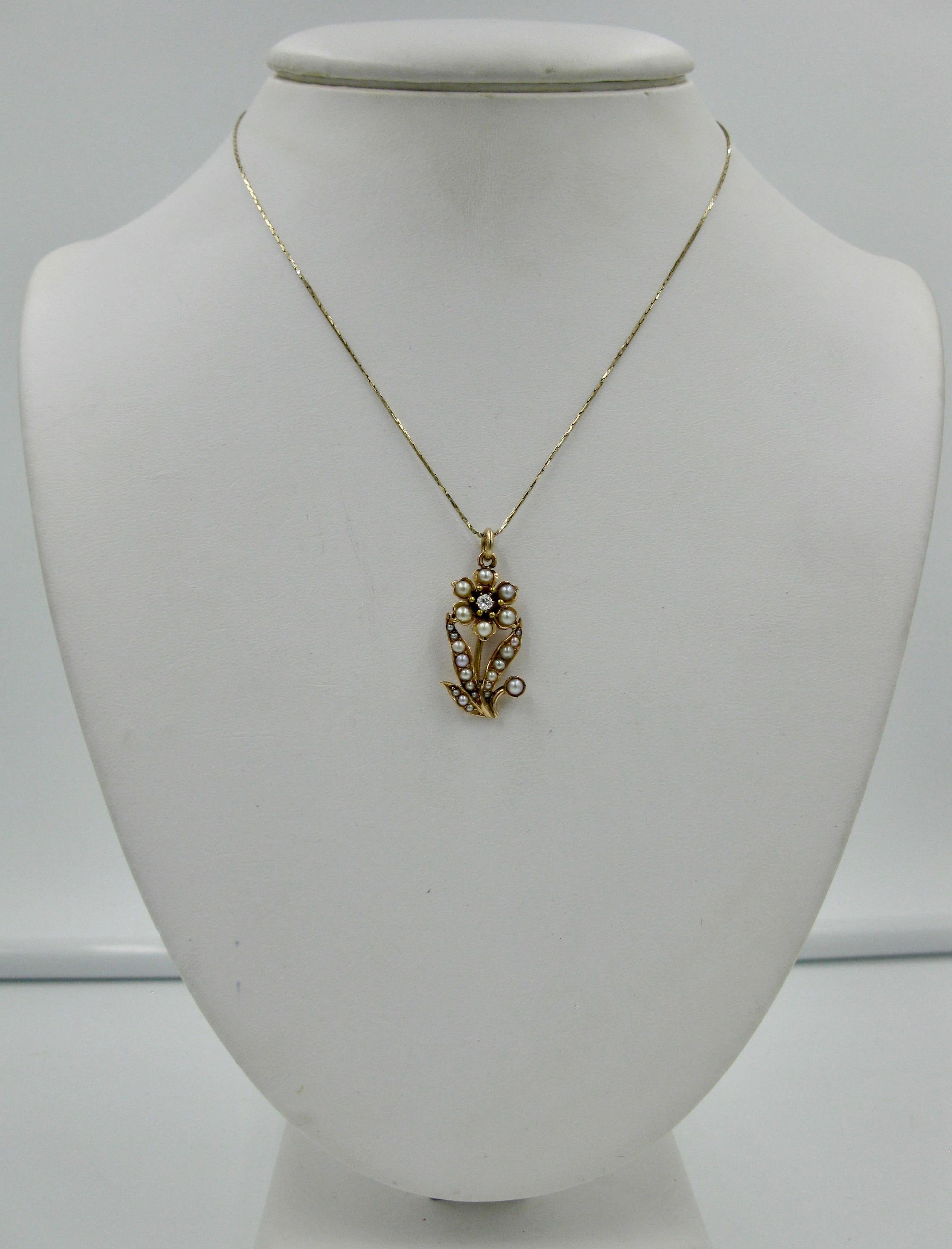 Viktorianische viktorianische Diamant-Perlen-Blumen-Anhänger-Halskette Gold Belle Époque (Alteuropäischer Brillantschliff) im Angebot