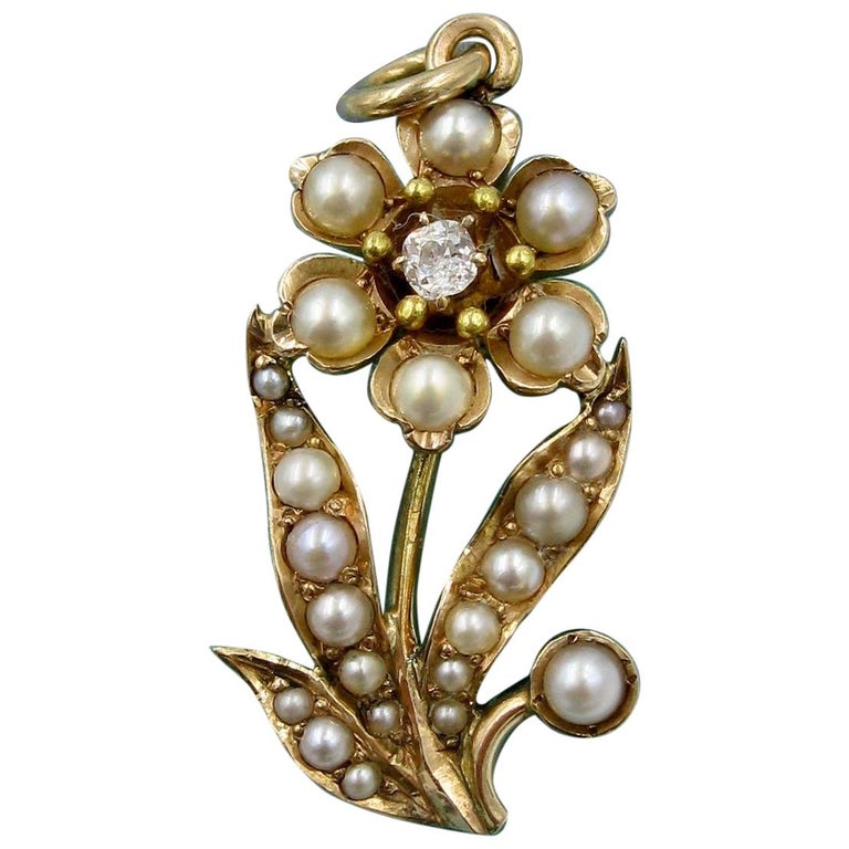 Victorian Diamond Pearl Flower Pendant Necklace Gold Belle Époque For Sale