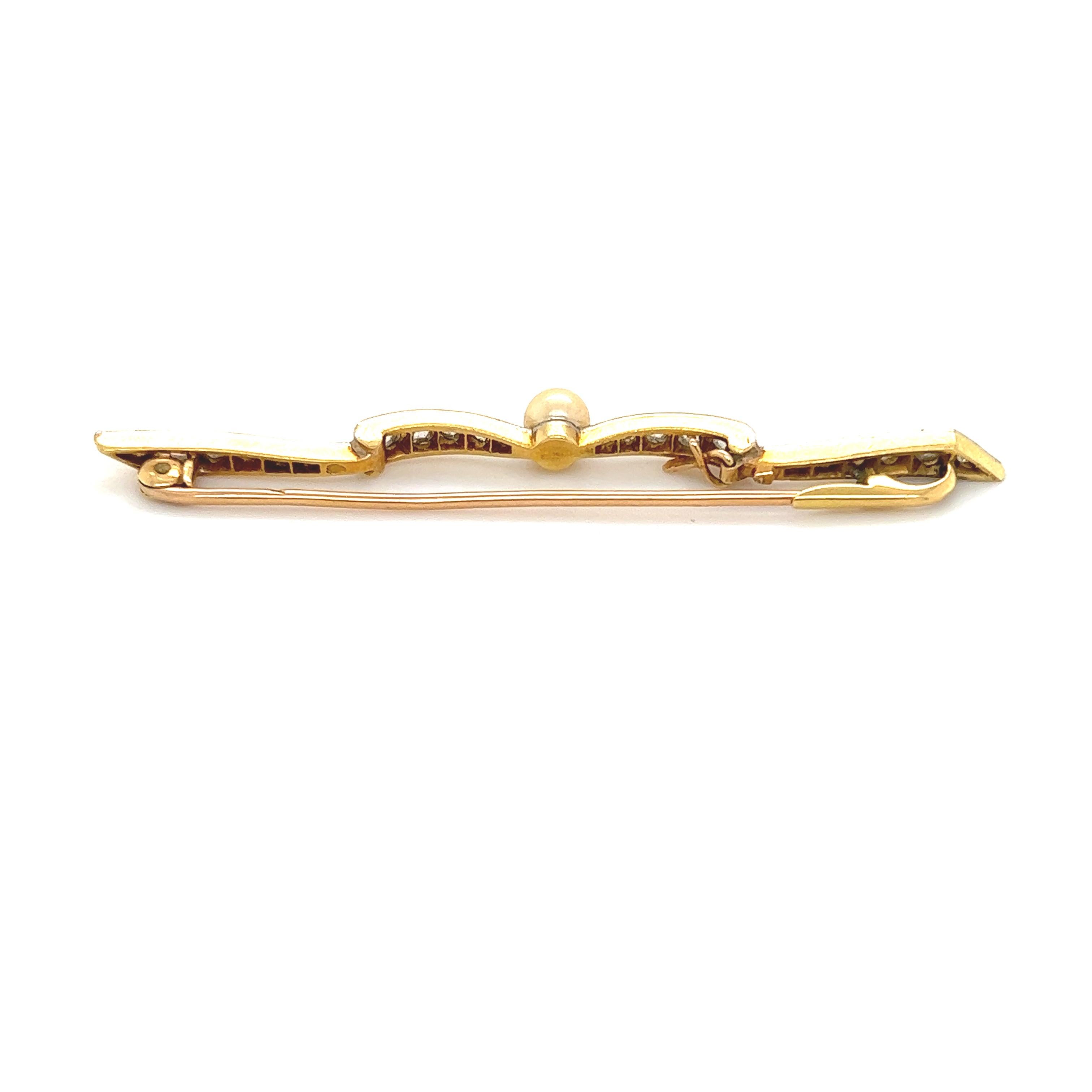 Women's or Men's Victorian Diamond & Pearl French Made Bow Pin Platinum & Gold For Sale