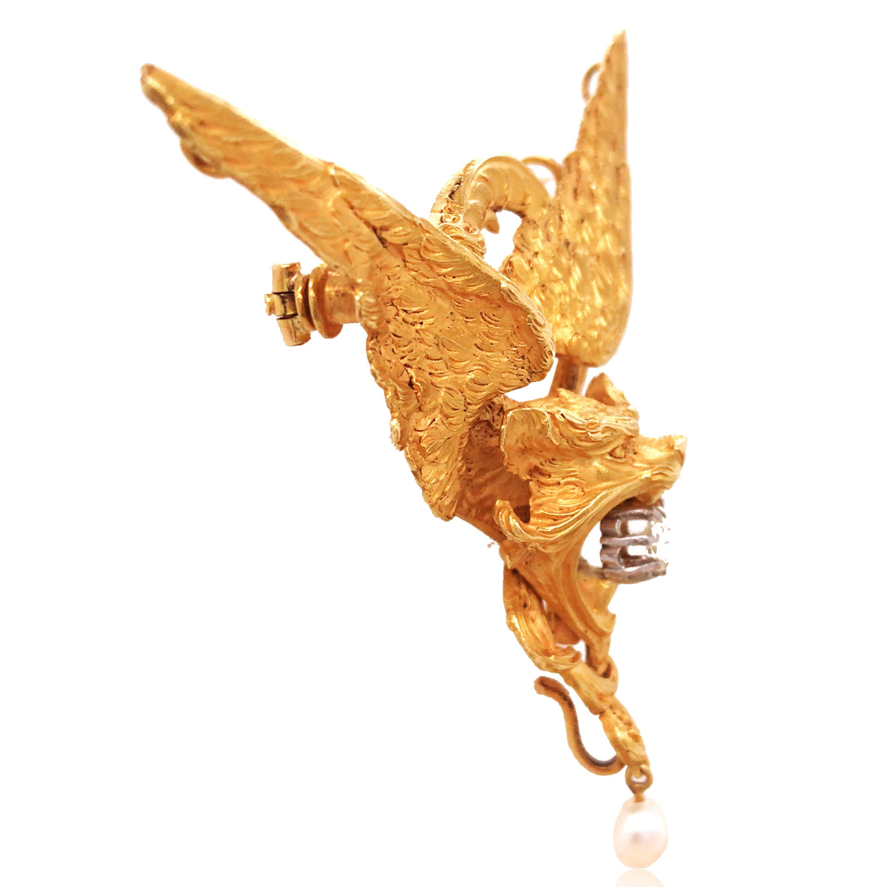 The Victorian Chimera Brooch, a mythological beast in Greek mythology, has the head of a lion, the tail of a snake, the body of a sheep, and the wings of an eagle. Chimera, which stands for strength and guardianship, is a common theme of