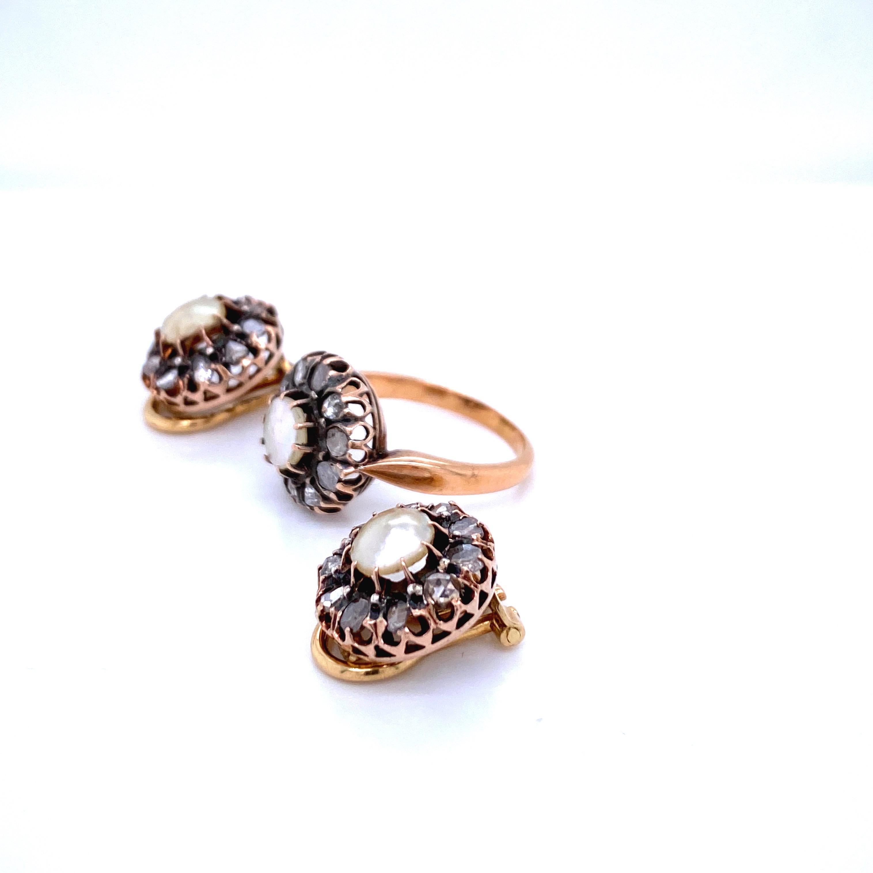 Victorian Diamond Pearl Gold Ring and Earrings Set For Sale 7
