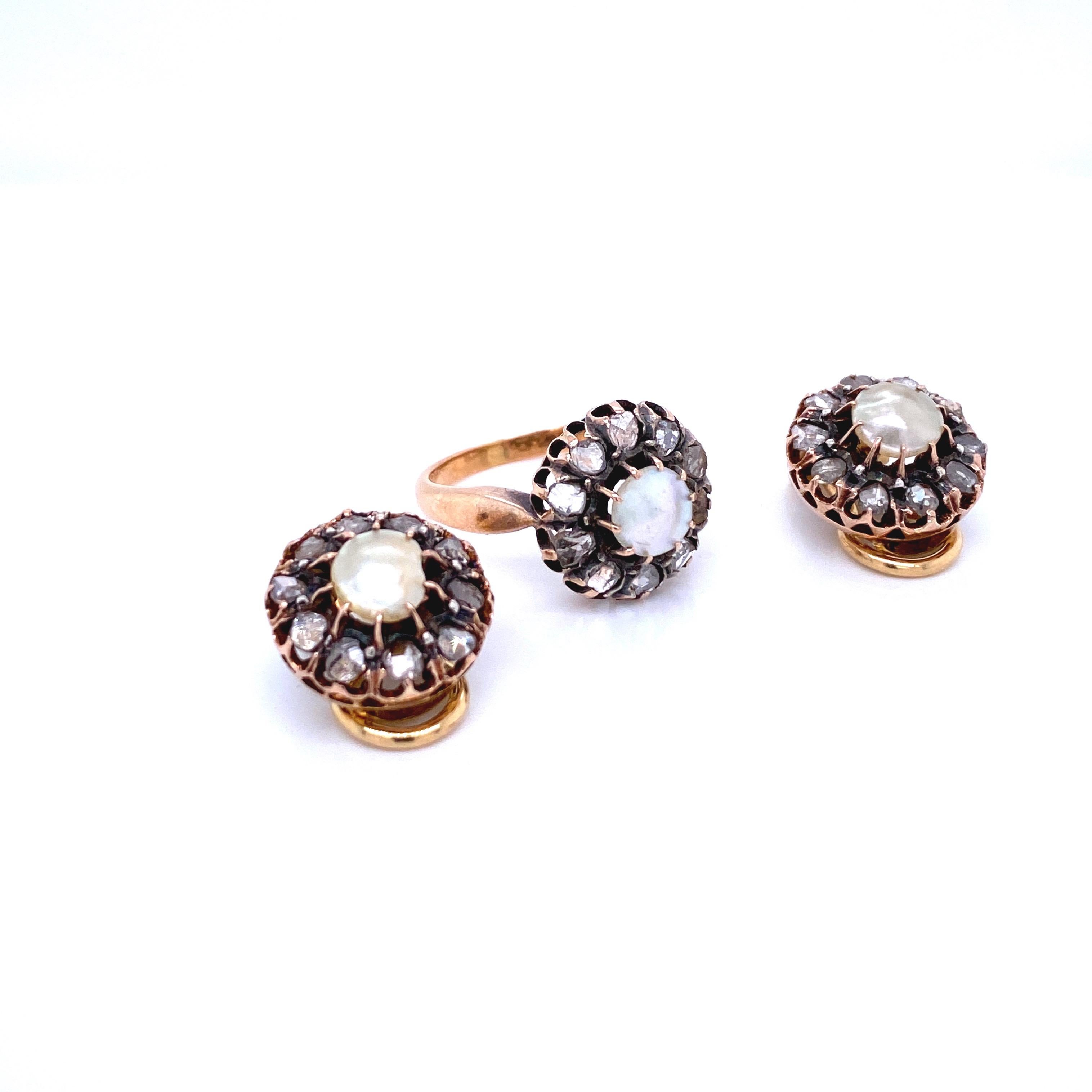 Victorian Diamond Pearl Gold Ring and Earrings Set For Sale 8
