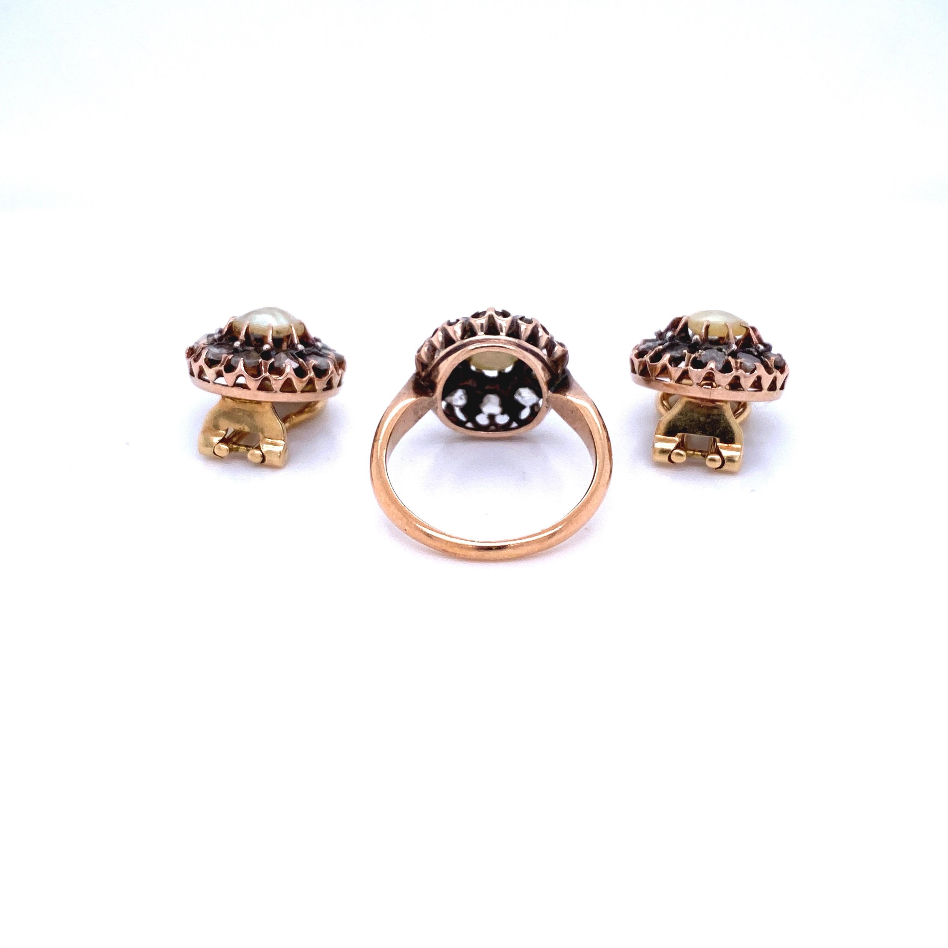 Victorian Diamond Pearl Gold Ring and Earrings Set For Sale 9