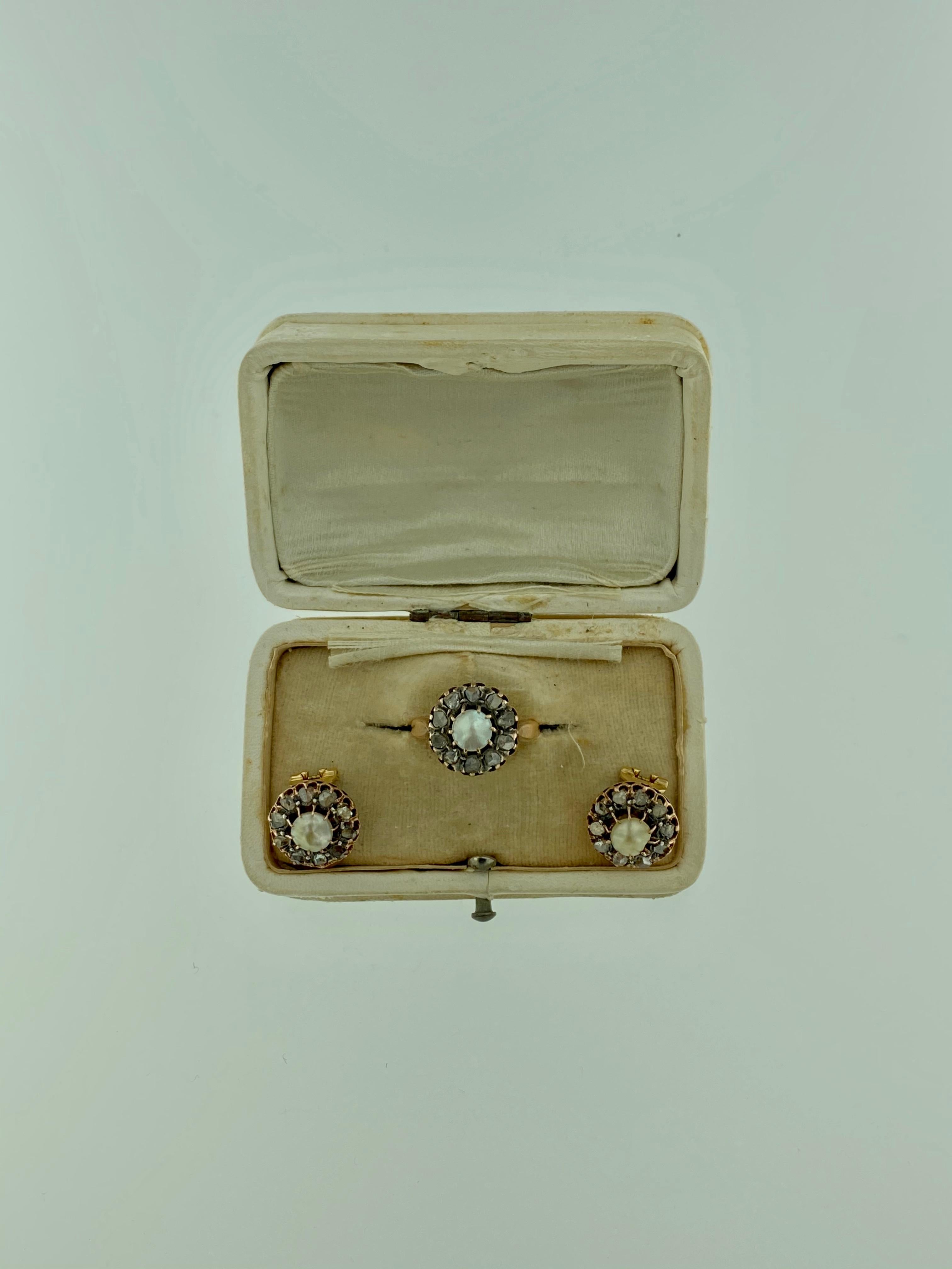 Victorian Diamond Pearl Gold Ring and Earrings Set For Sale 10