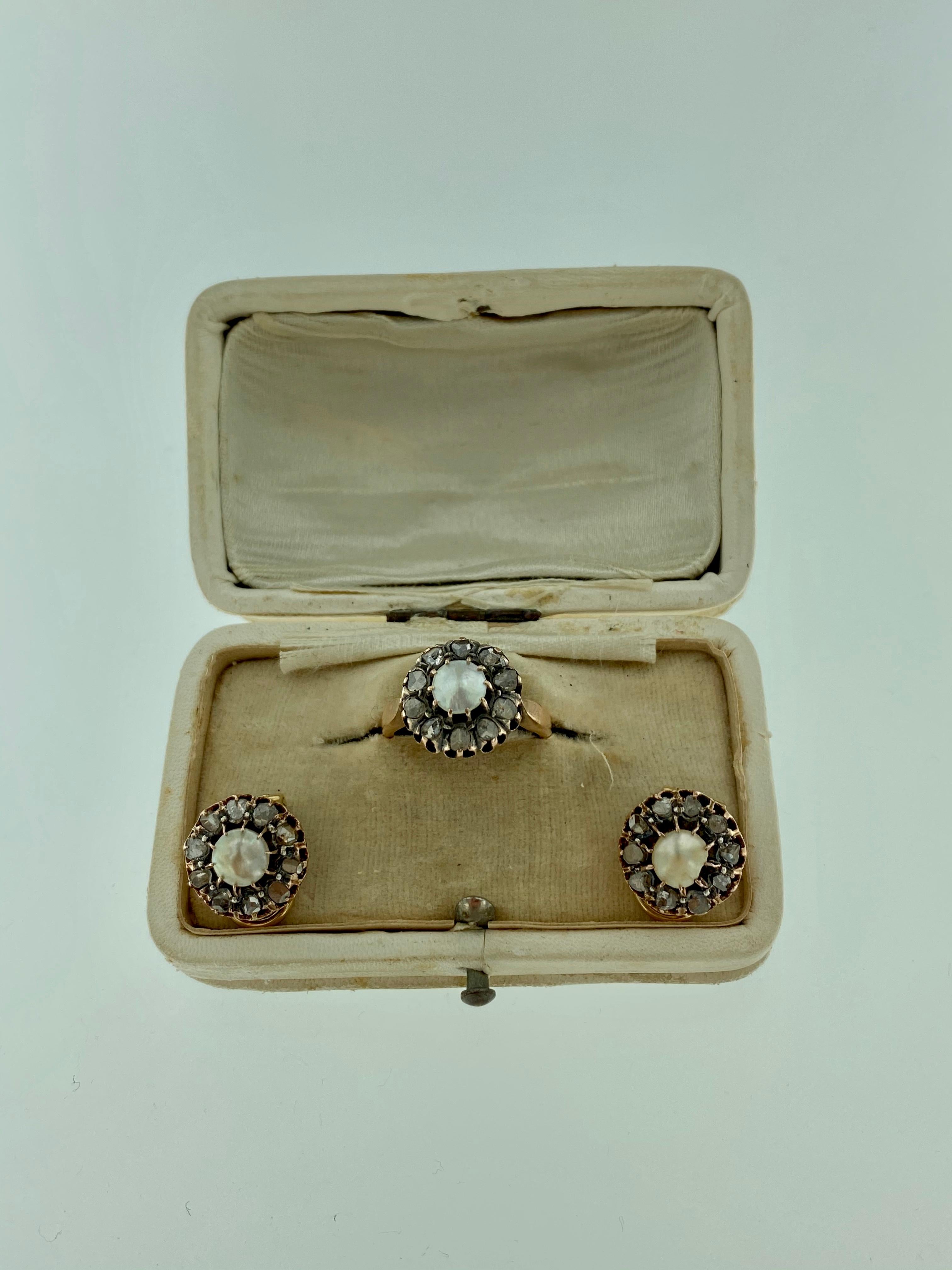 Victorian Diamond Pearl Gold Ring and Earrings Set For Sale 11