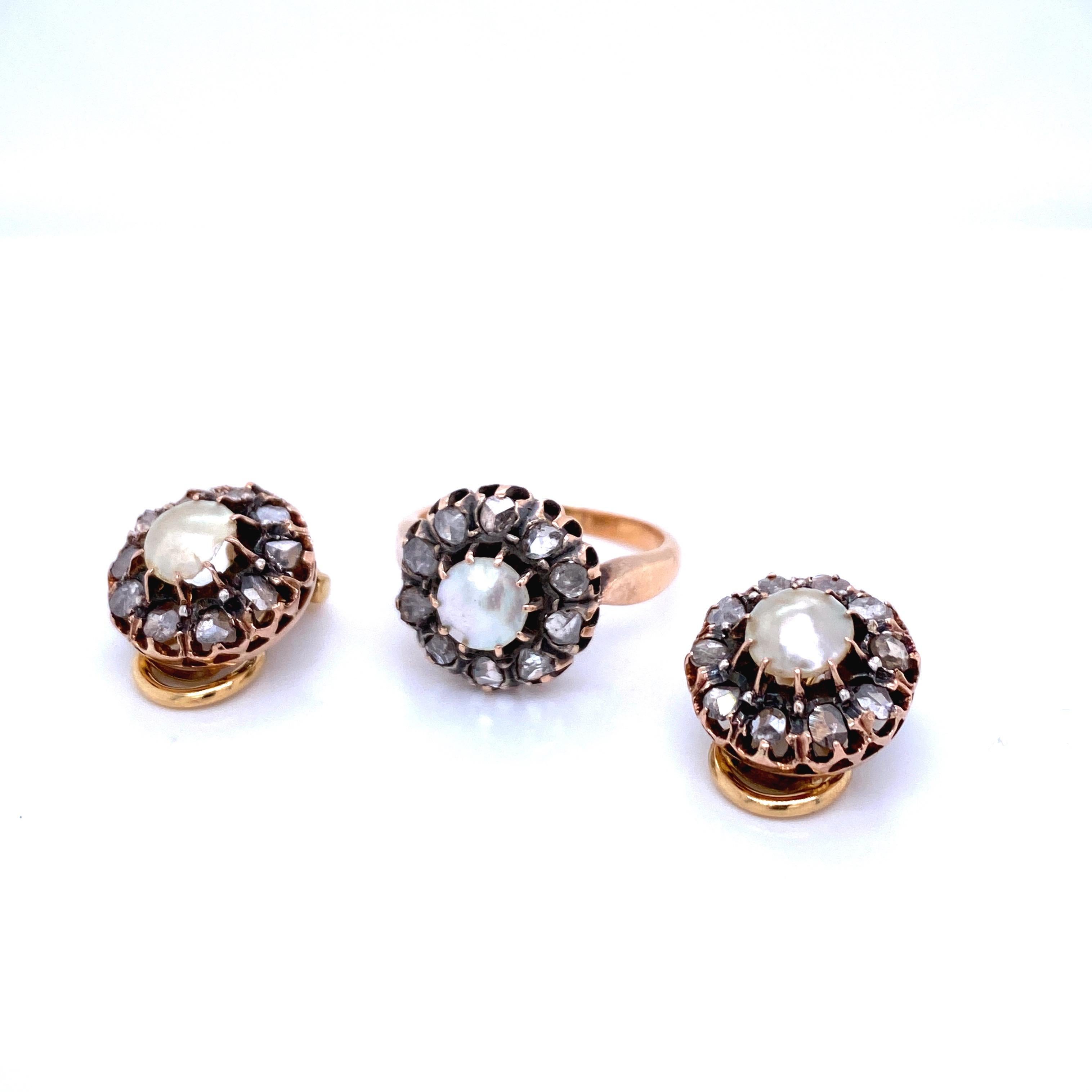 A gorgeous Victorian perfectly preserved suite, composed of clip-on earrings and ring, set with rose-cut diamonds and mother of pearls, mounted in 12k rose Gold. All handcrafted, Circa 1880

CONDITION: Pre-owned - Excellent 10/10
METAL: 12k Gold