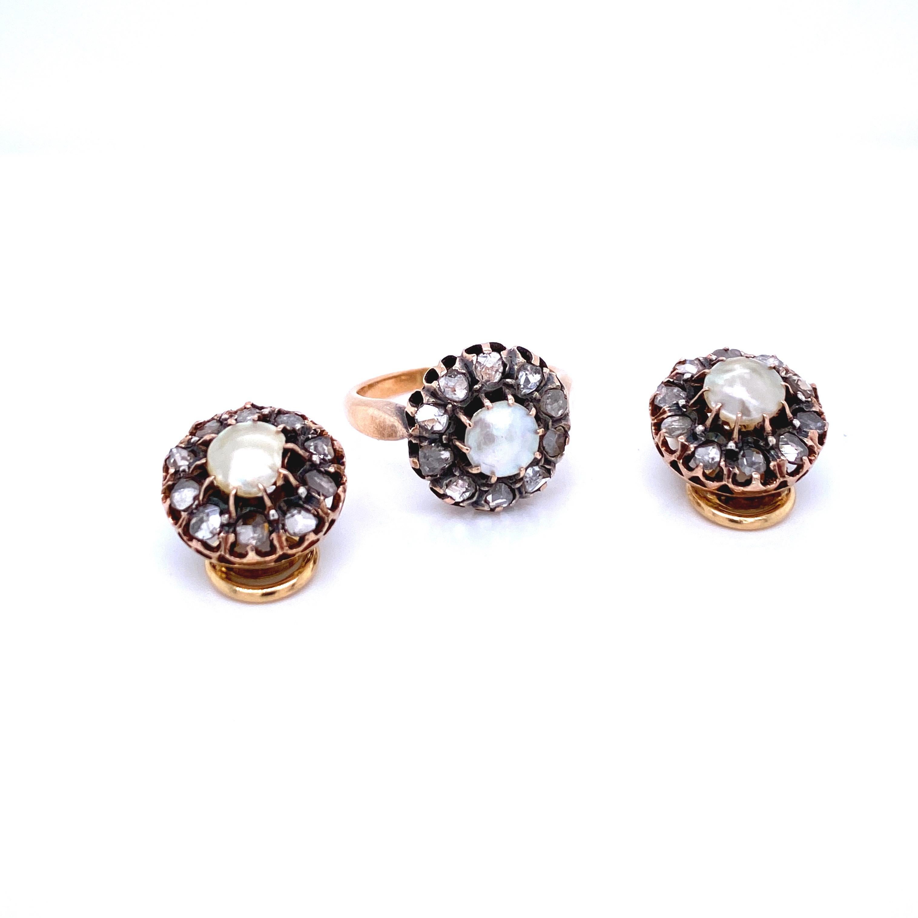 Rose Cut Victorian Diamond Pearl Gold Ring and Earrings Set For Sale