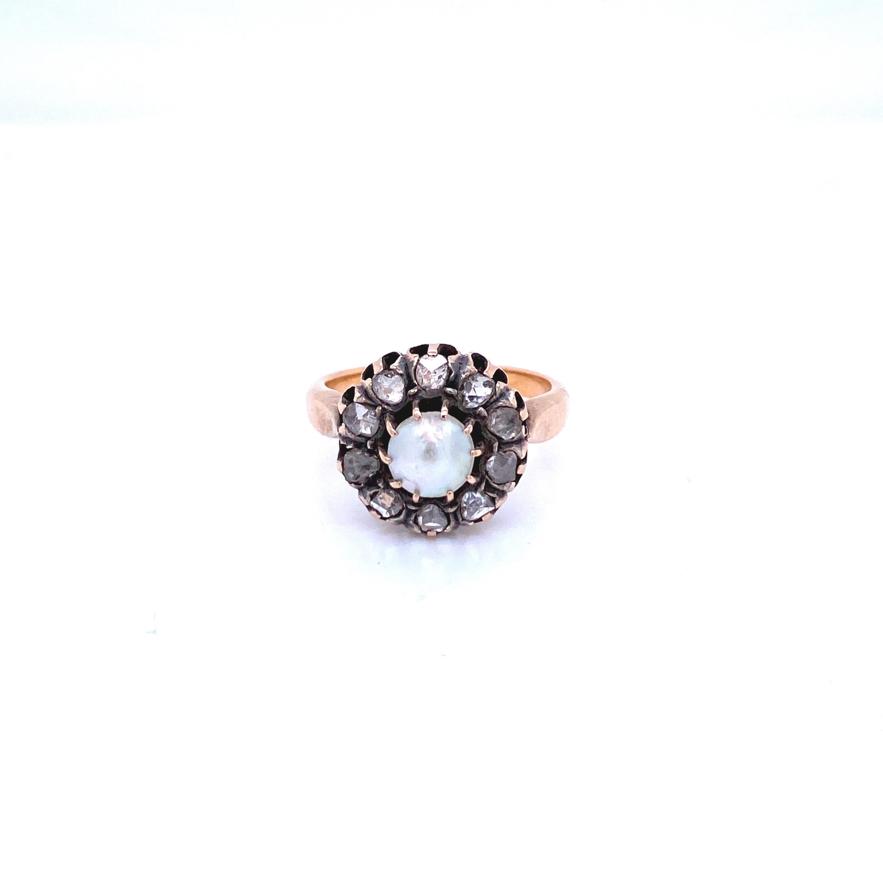 viktorianischer Diamant-Perlen-Goldring und Ohrringe (Rosenschliff) im Angebot