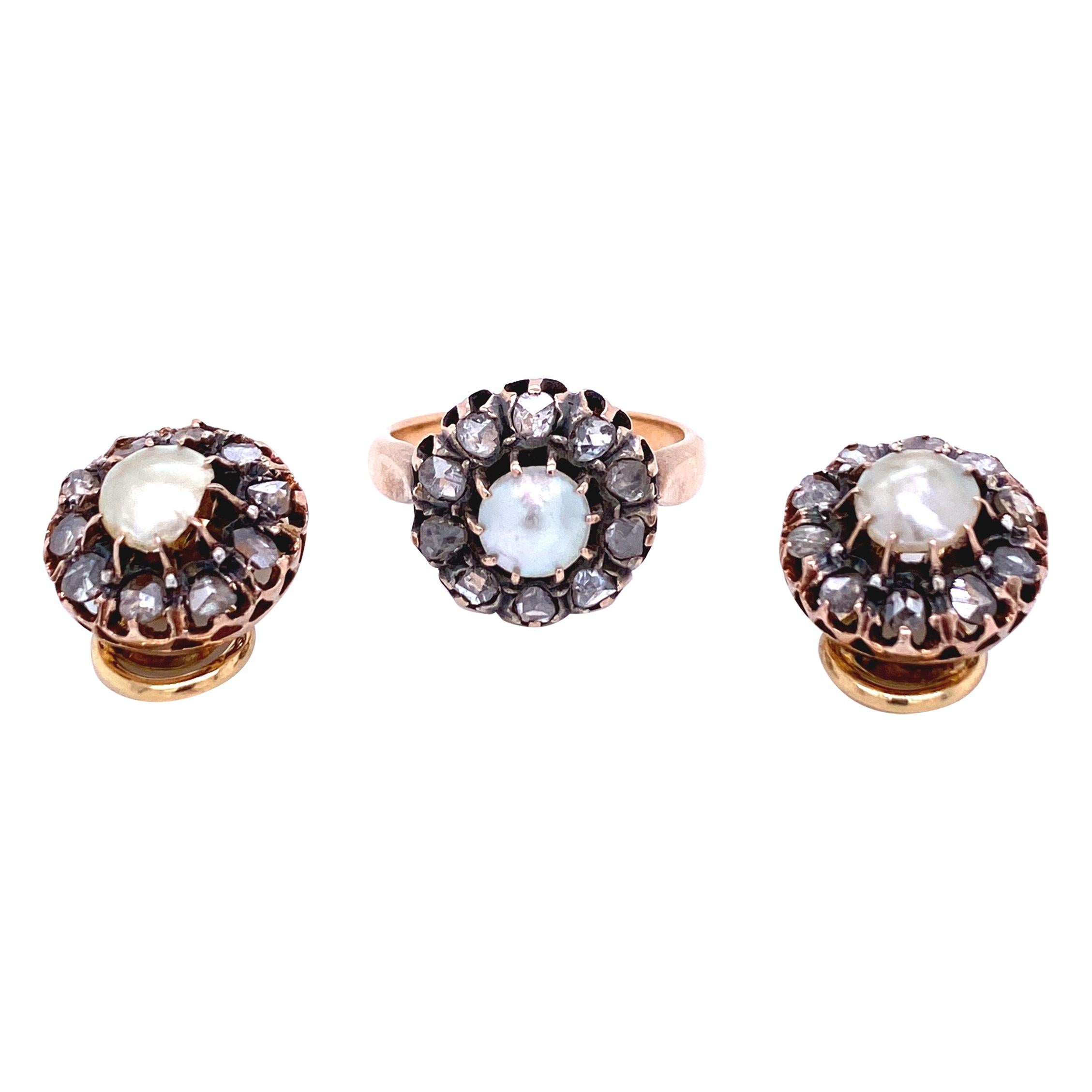 viktorianischer Diamant-Perlen-Goldring und Ohrringe
