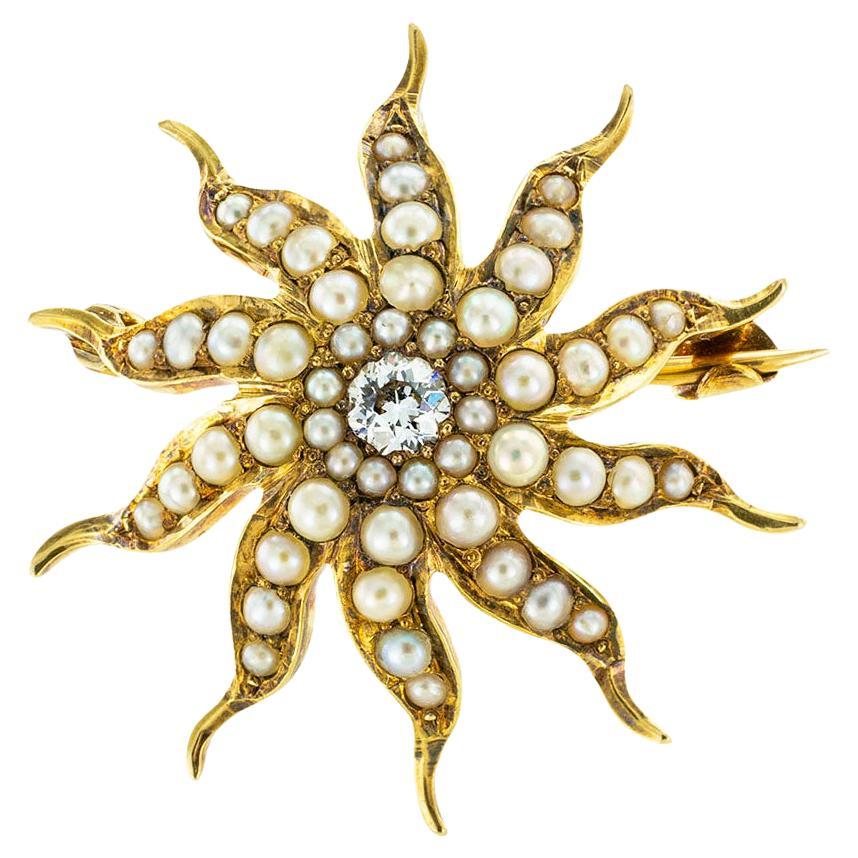 Victorian Diamond Pearl Gold Starburst Brooch Pendant