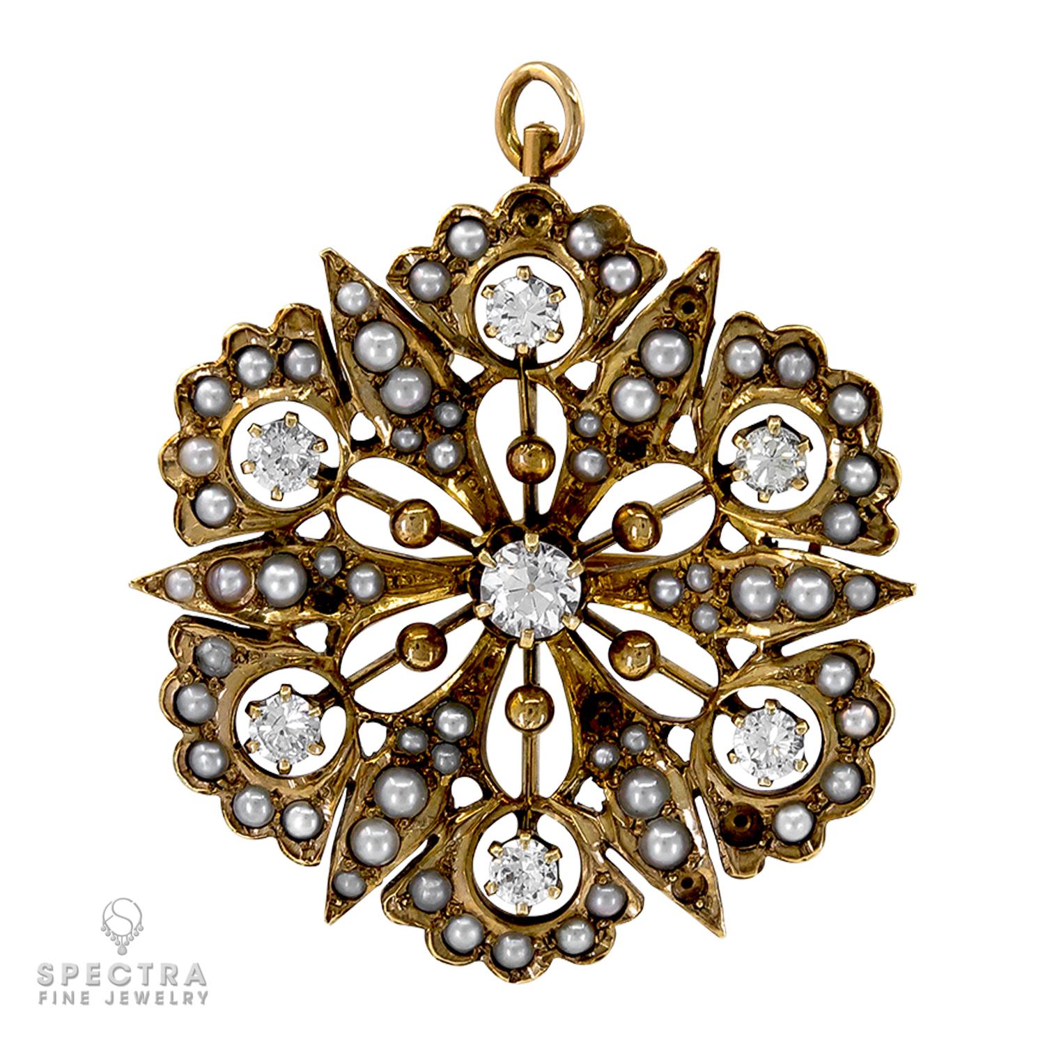 This exquisite Victorian-era clip pendant is a timeless blend of elegance and versatility. Crafted from silver-plated gold, it features a captivating floral-inspired design that showcases seven sparkling round diamonds. The diamonds are beautifully