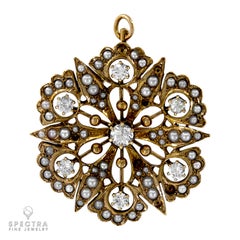 Victorian Diamond Pearl Gold Starburst Clip Pendant