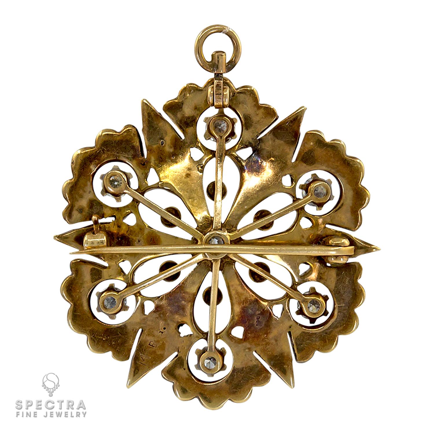 Round Cut Victorian Diamond Pearl Gold Starburst Clip Pendant For Sale