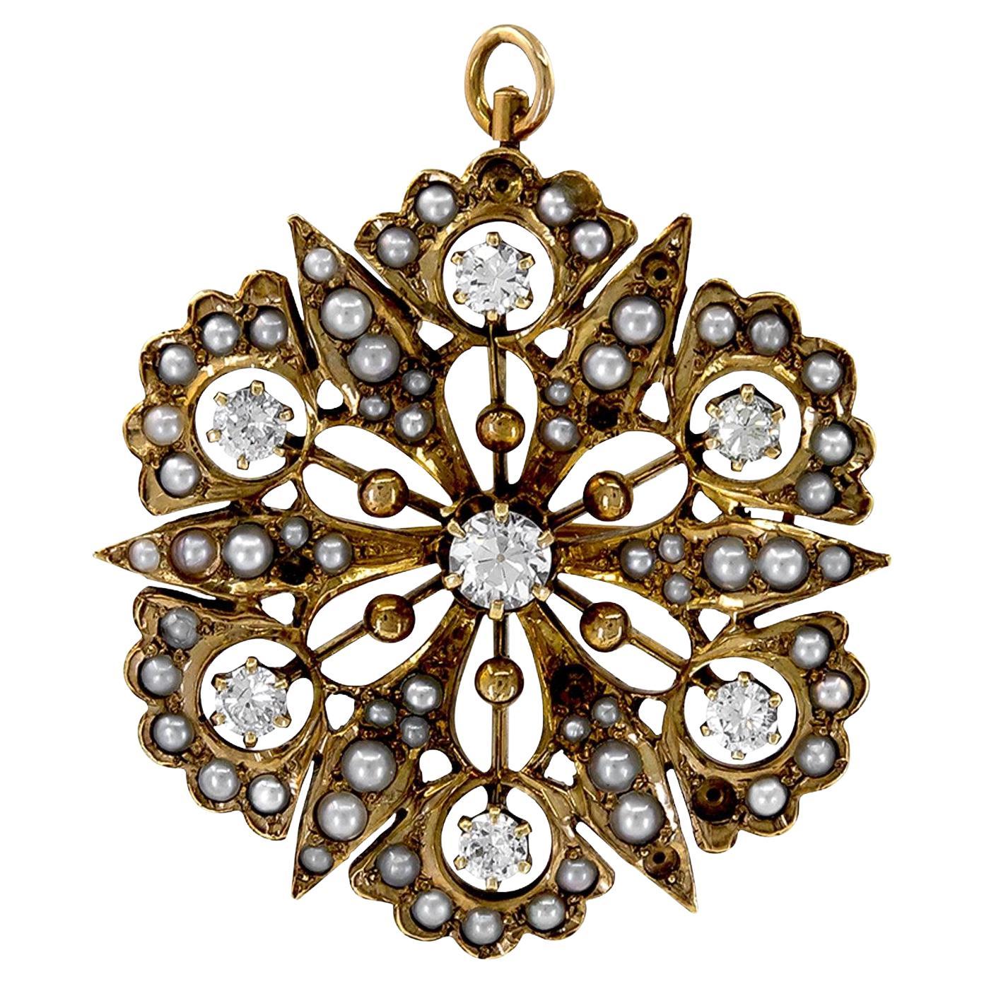 Victorian Diamond Pearl Gold Starburst Clip Pendant For Sale