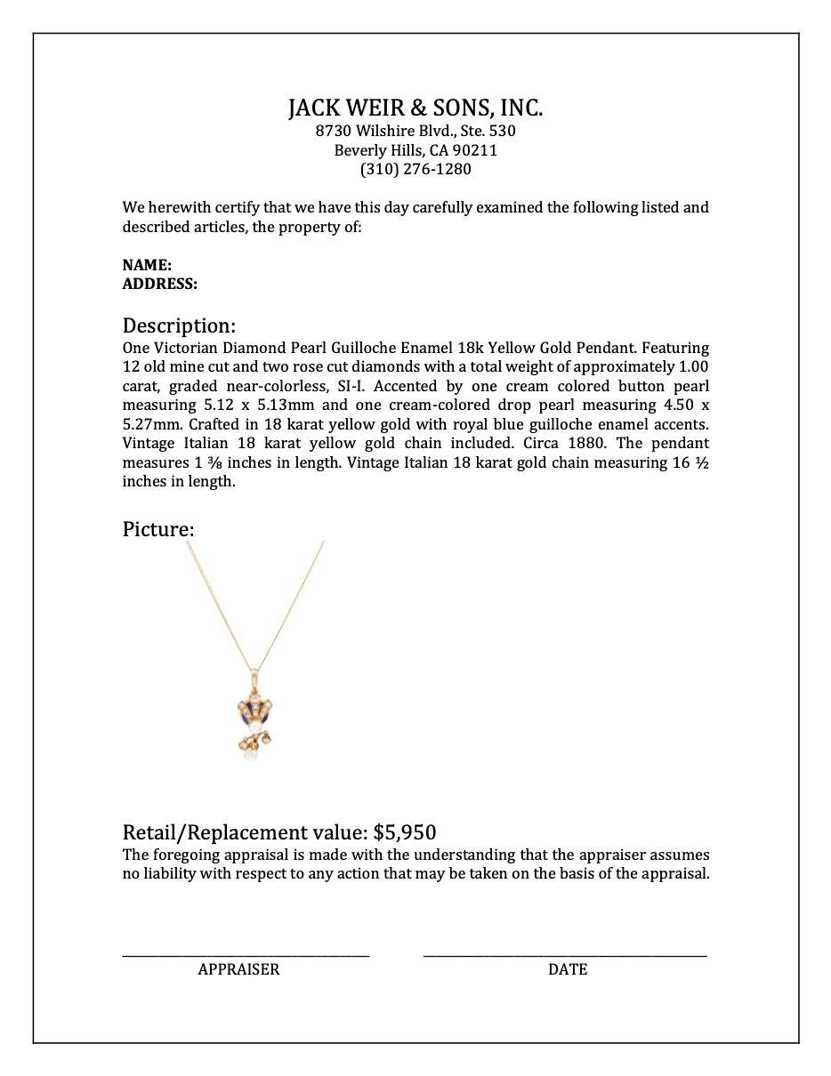 Victorian Diamond Pearl Guilloche Enamel 18k Yellow Gold Pendant For Sale 1