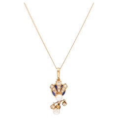 Victorian Diamond Pearl Guilloche Enamel 18k Yellow Gold Pendant