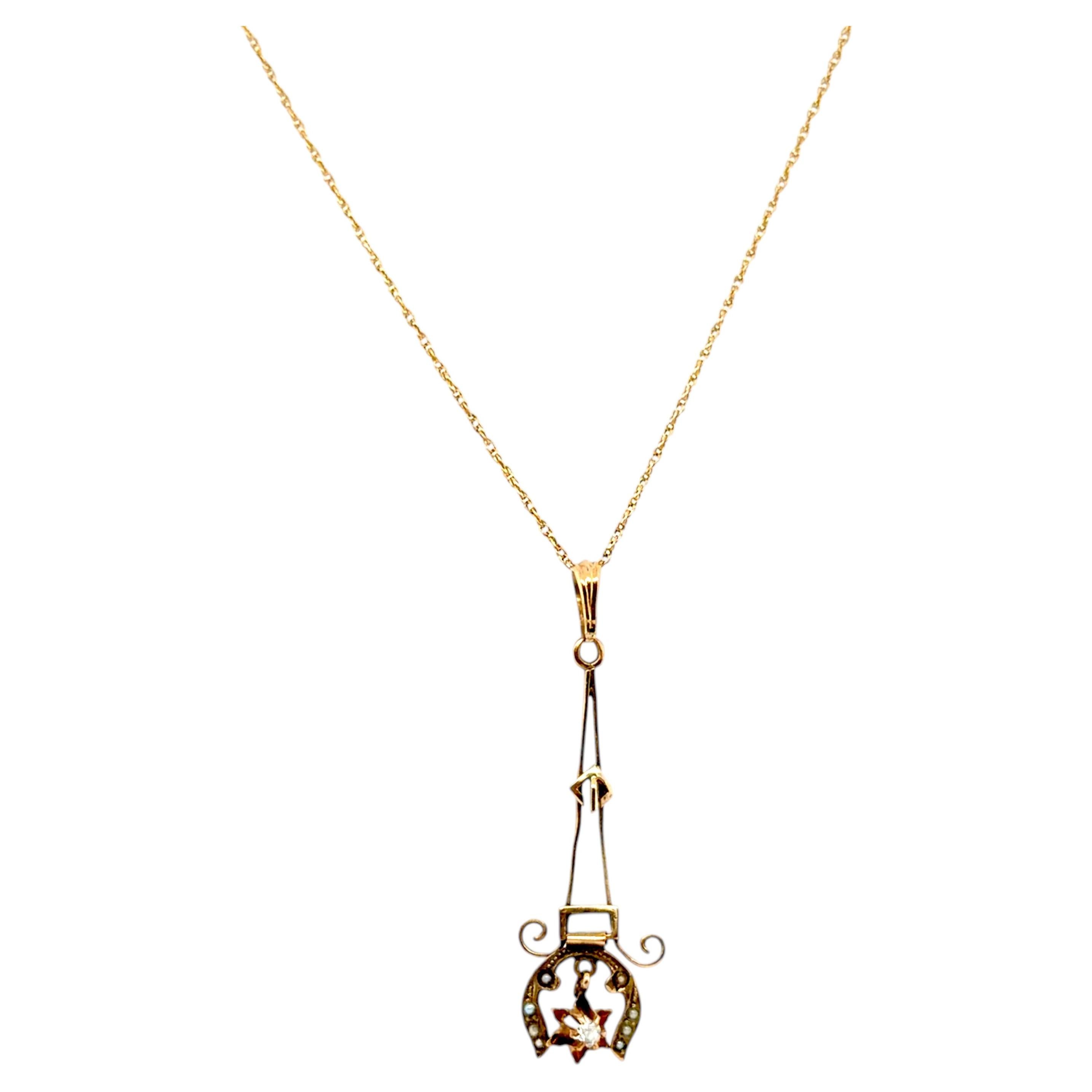 Collana vittoriana con diamante e perla Lavalier 14K Old Mine 1890-1900