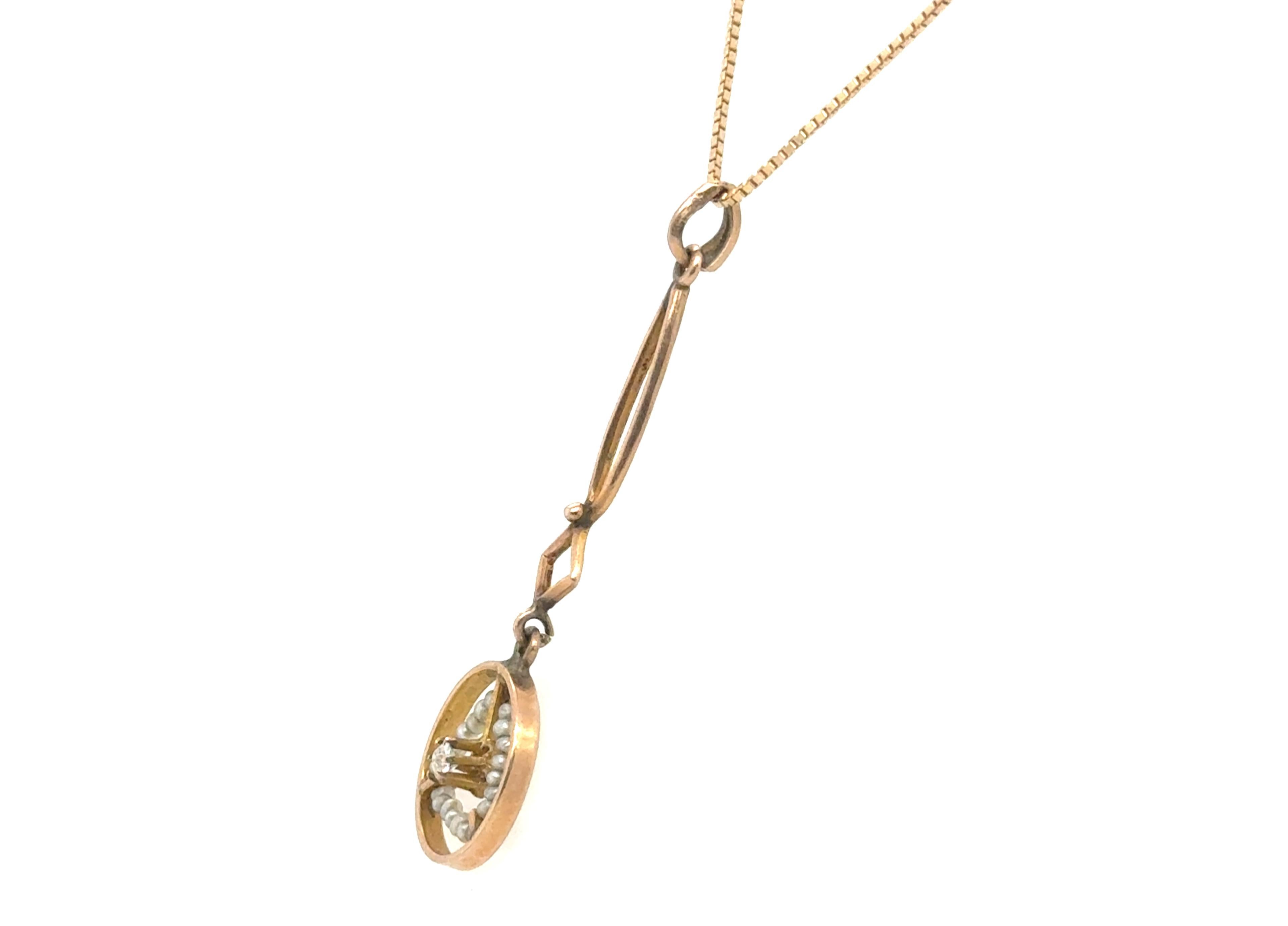 Old Mine Cut Victorian Diamond Pearl Lavalier Pendant Necklace 14K Old Mine Original 1880's For Sale