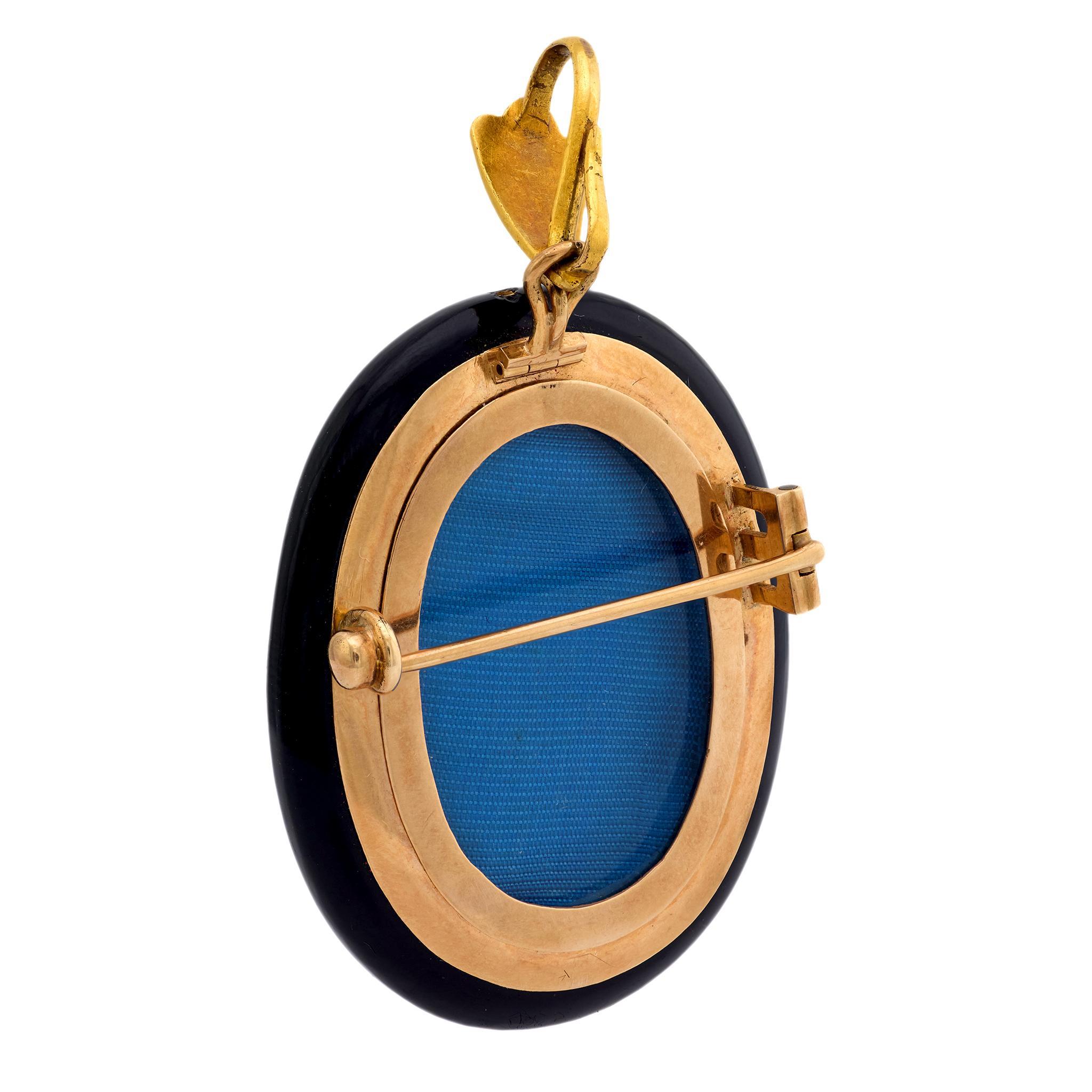 Taille rose Broche pendentif victorienne en or jaune 18k diamant perle onyx en vente