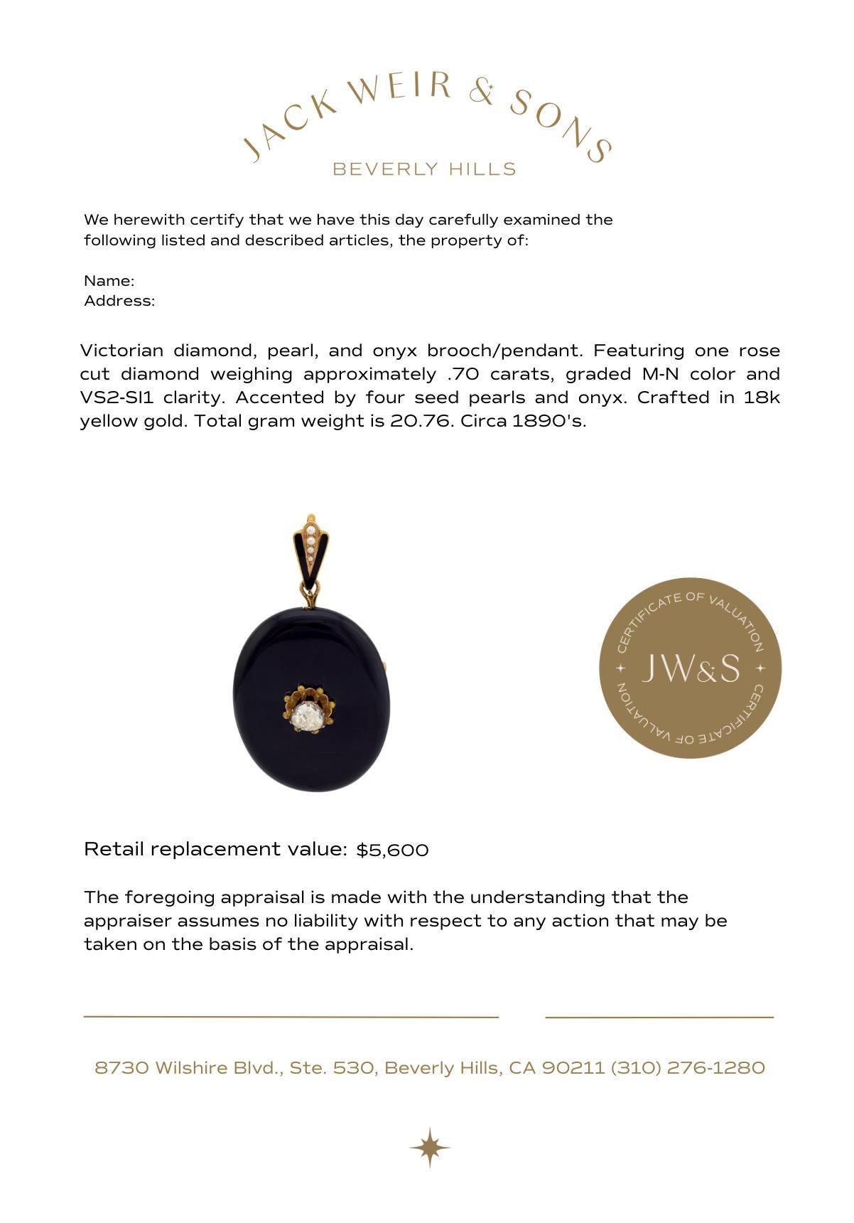 Broche pendentif victorienne en or jaune 18k diamant perle onyx Bon état - En vente à Beverly Hills, CA
