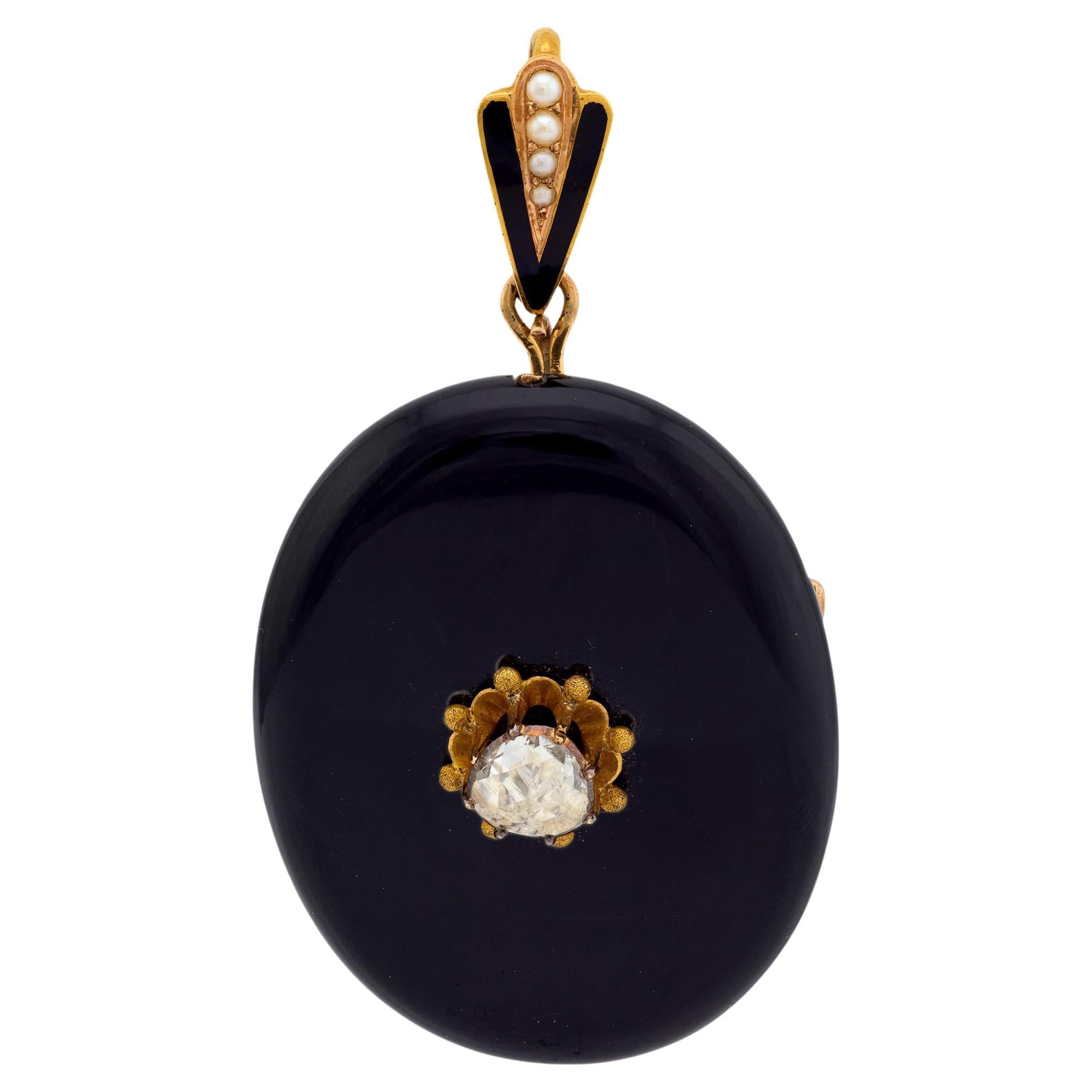 Broche pendentif victorienne en or jaune 18k diamant perle onyx