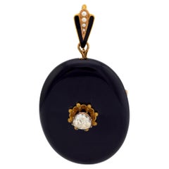 Broche pendentif victorienne en or jaune 18k diamant perle onyx