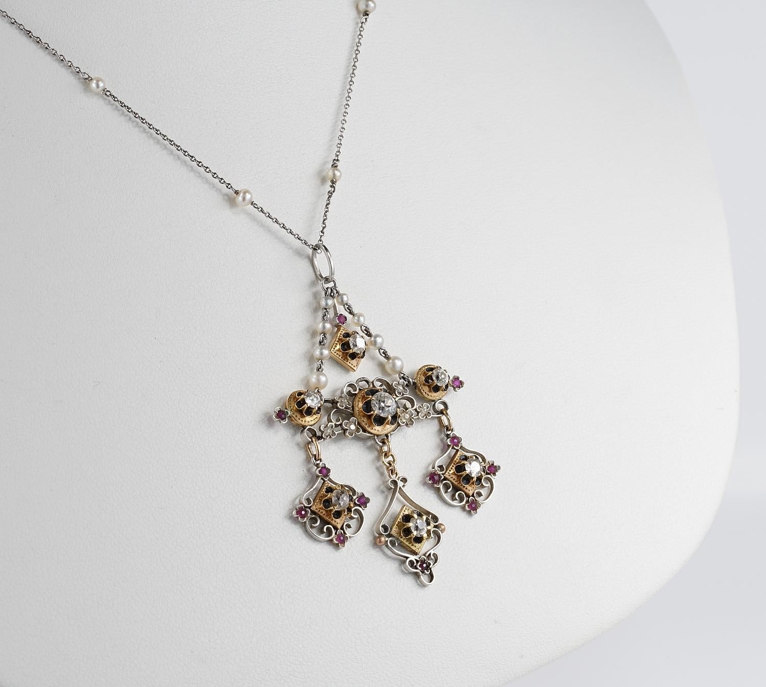Renaissance Revival Victorian Diamond Pearl Rare Holbeinesque Necklace 18 Kt For Sale