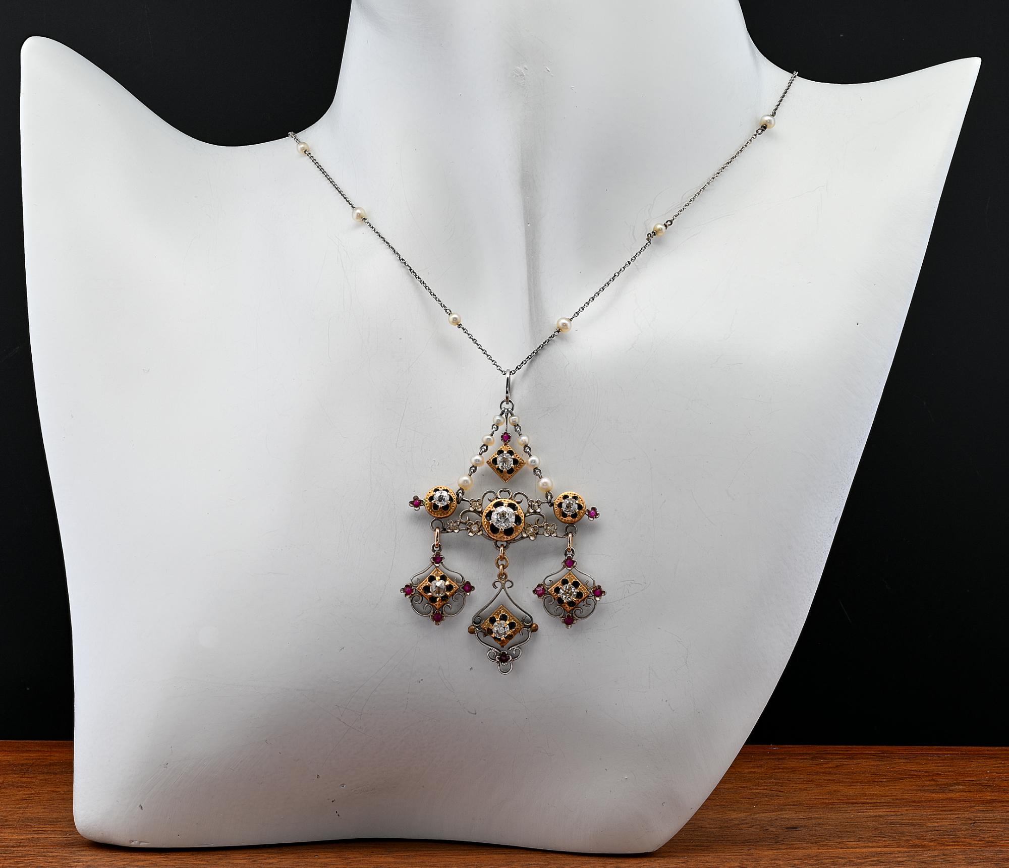 Victorian Diamond Pearl Rare Holbeinesque Necklace 18 Kt For Sale 1