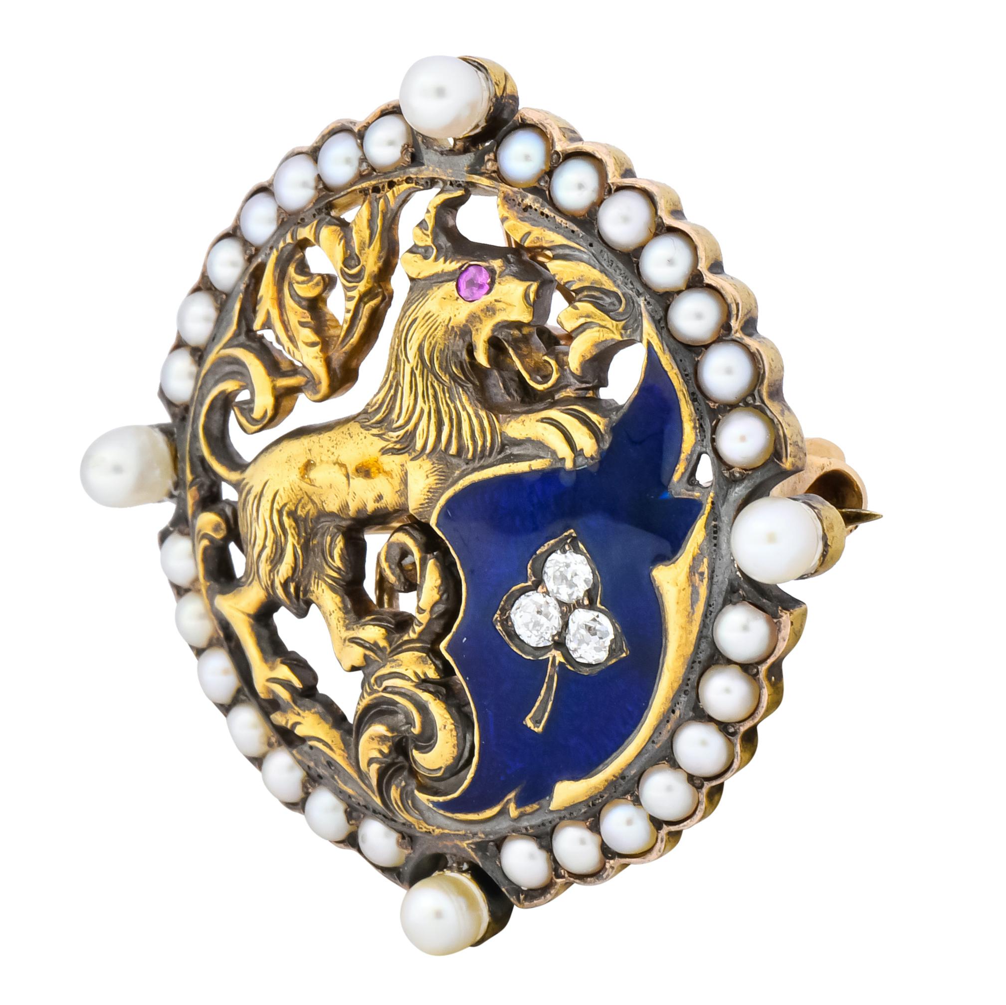 Women's or Men's Victorian Diamond Pearl Ruby Enamel Stylized Lion Pendant Pin