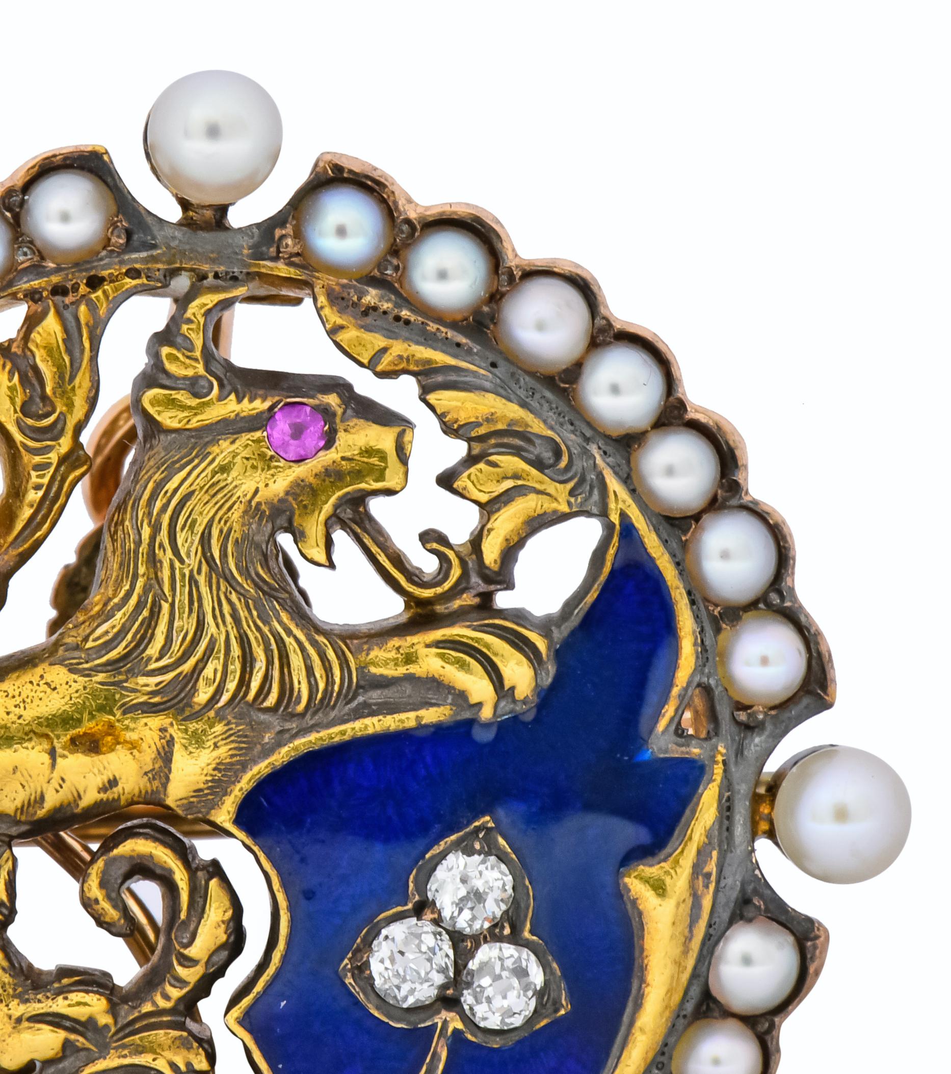 Victorian Diamond Pearl Ruby Enamel Stylized Lion Pendant Pin 1