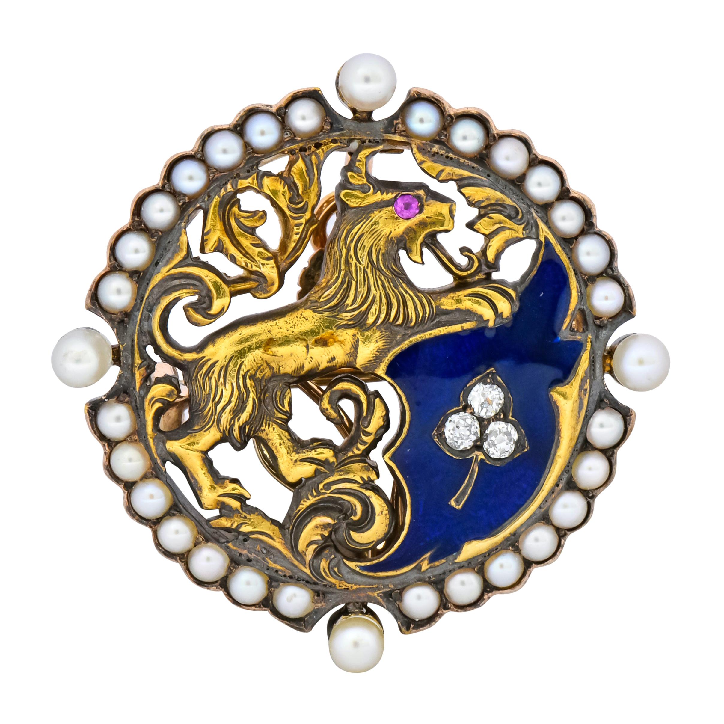 Victorian Diamond Pearl Ruby Enamel Stylized Lion Pendant Pin