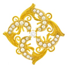 Victorian Diamond Pearl Set Gold Brooch