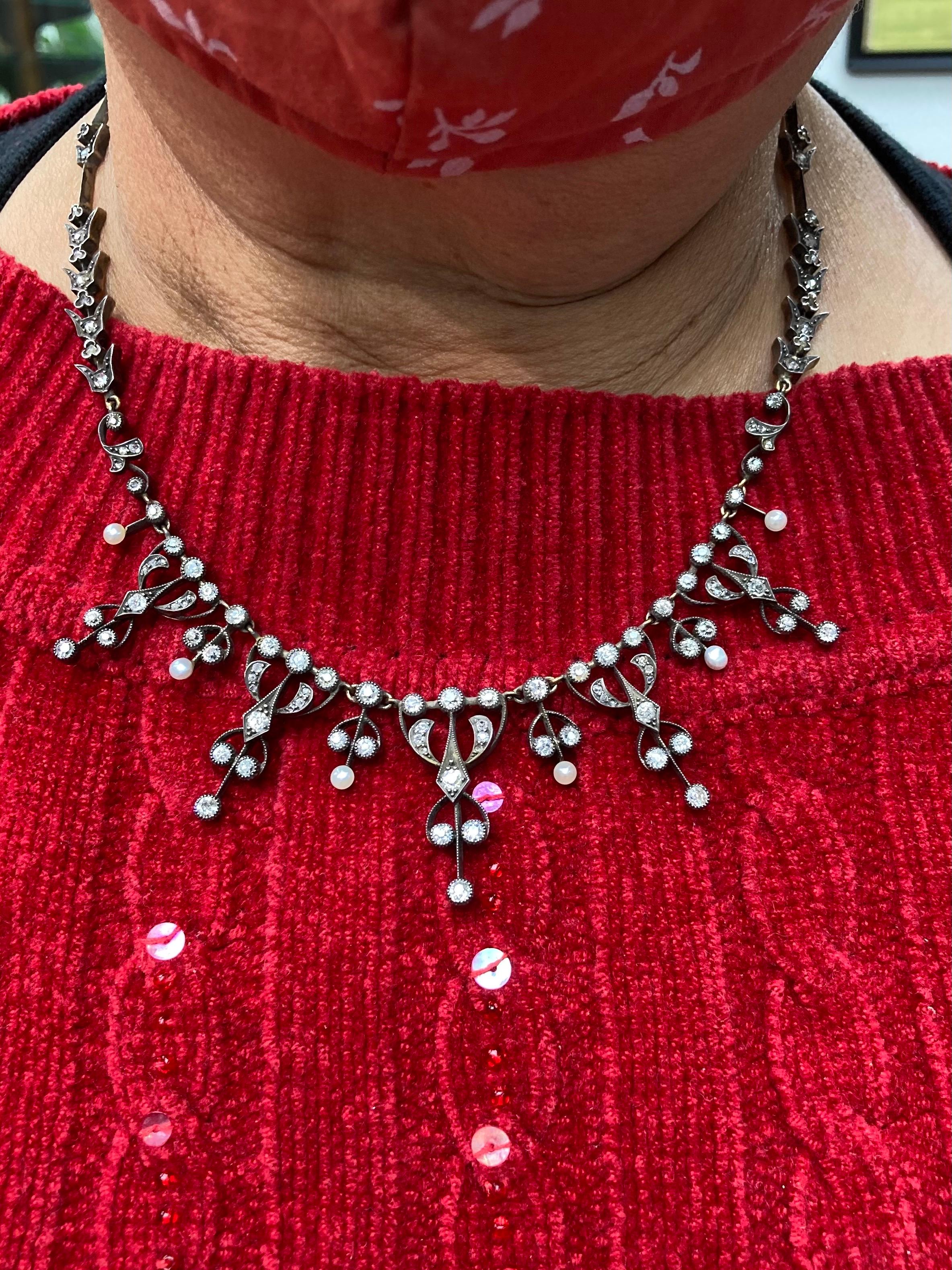 Women's Victorian Diamond Pearl Silver Gold Fringe Necklace