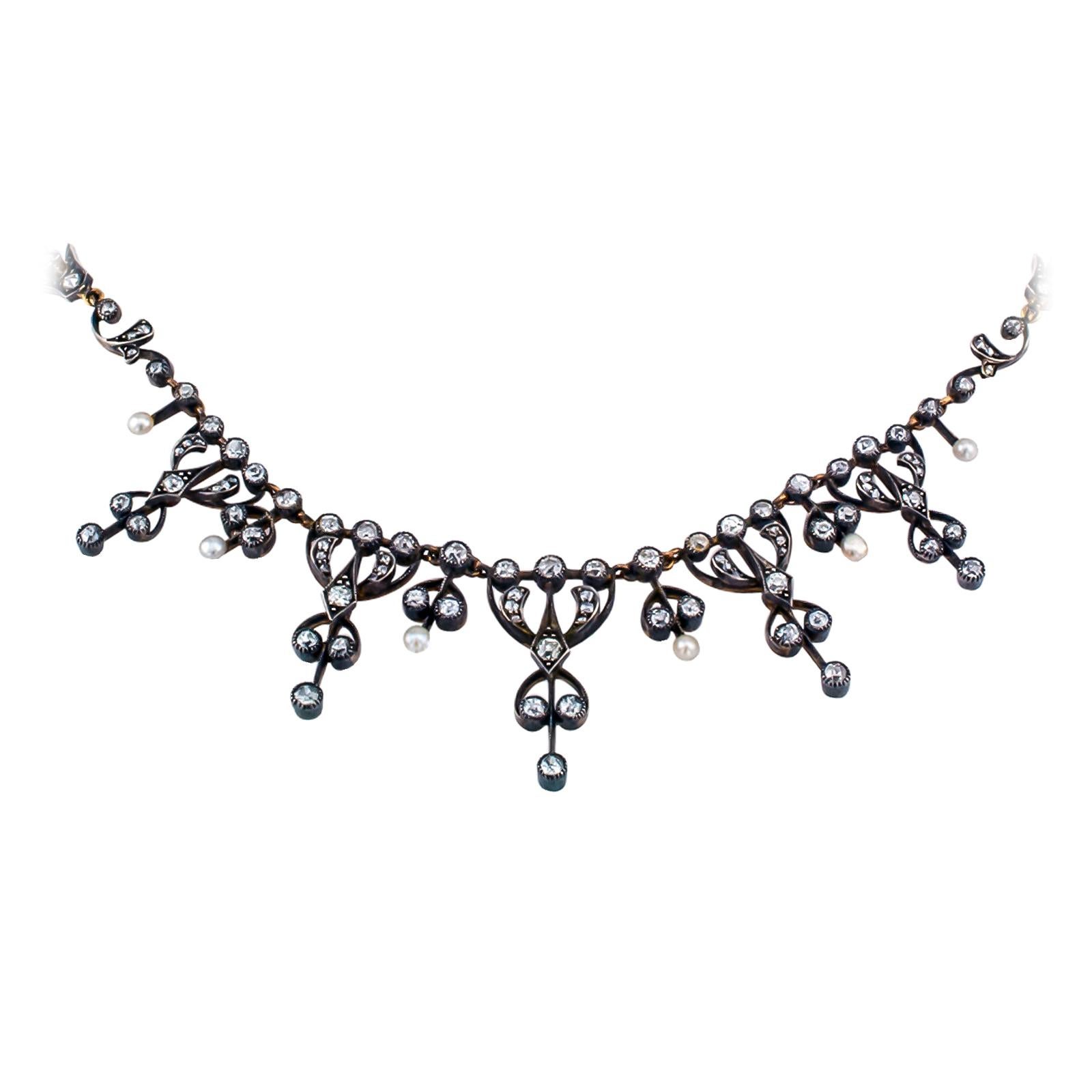 Victorian Diamond Pearl Silver Gold Fringe Necklace