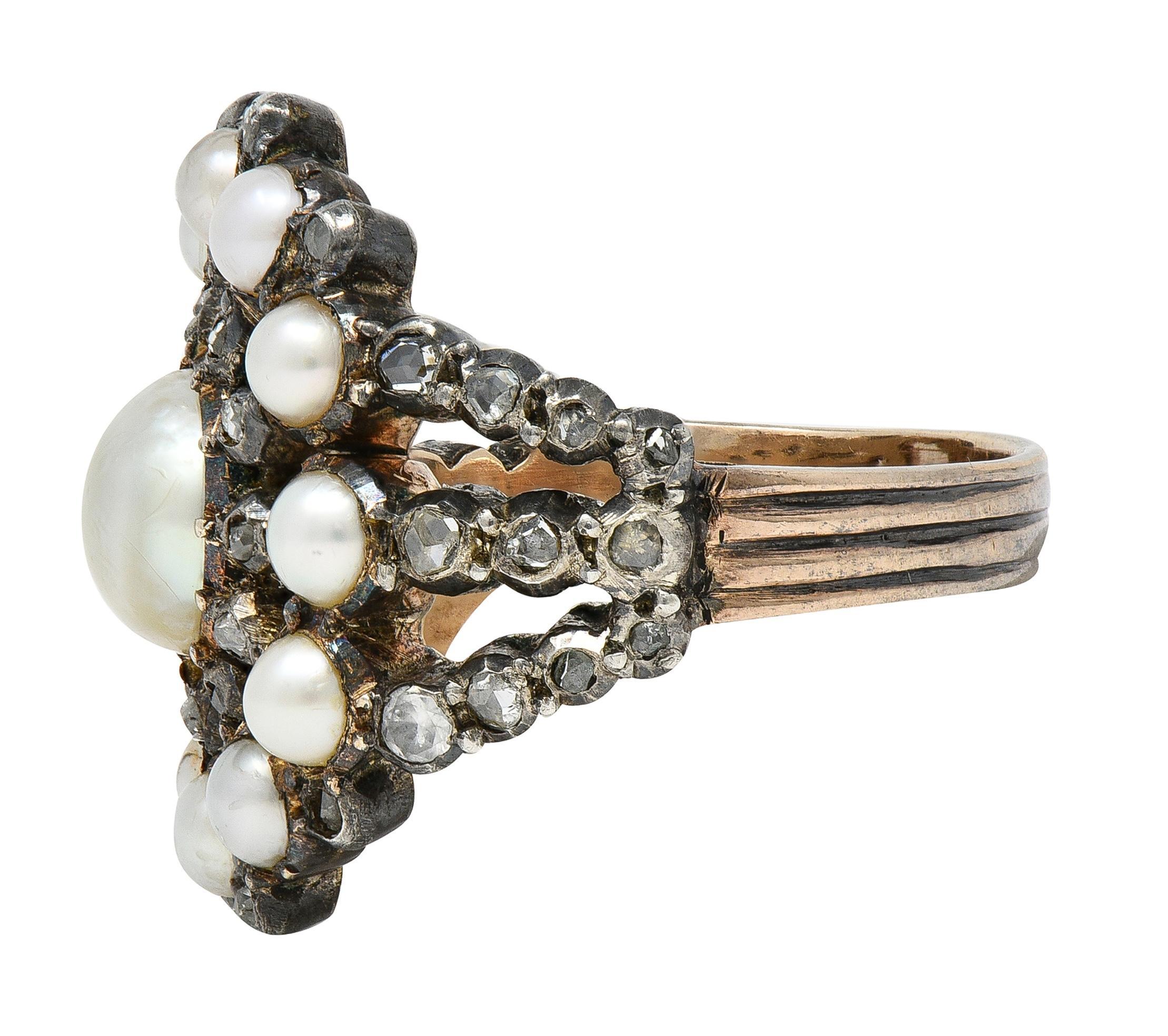 Anello vittoriano con diamante e perla in argento sterling e oro 12 carati a scoppio radiale antico In condizioni ottime in vendita a Philadelphia, PA