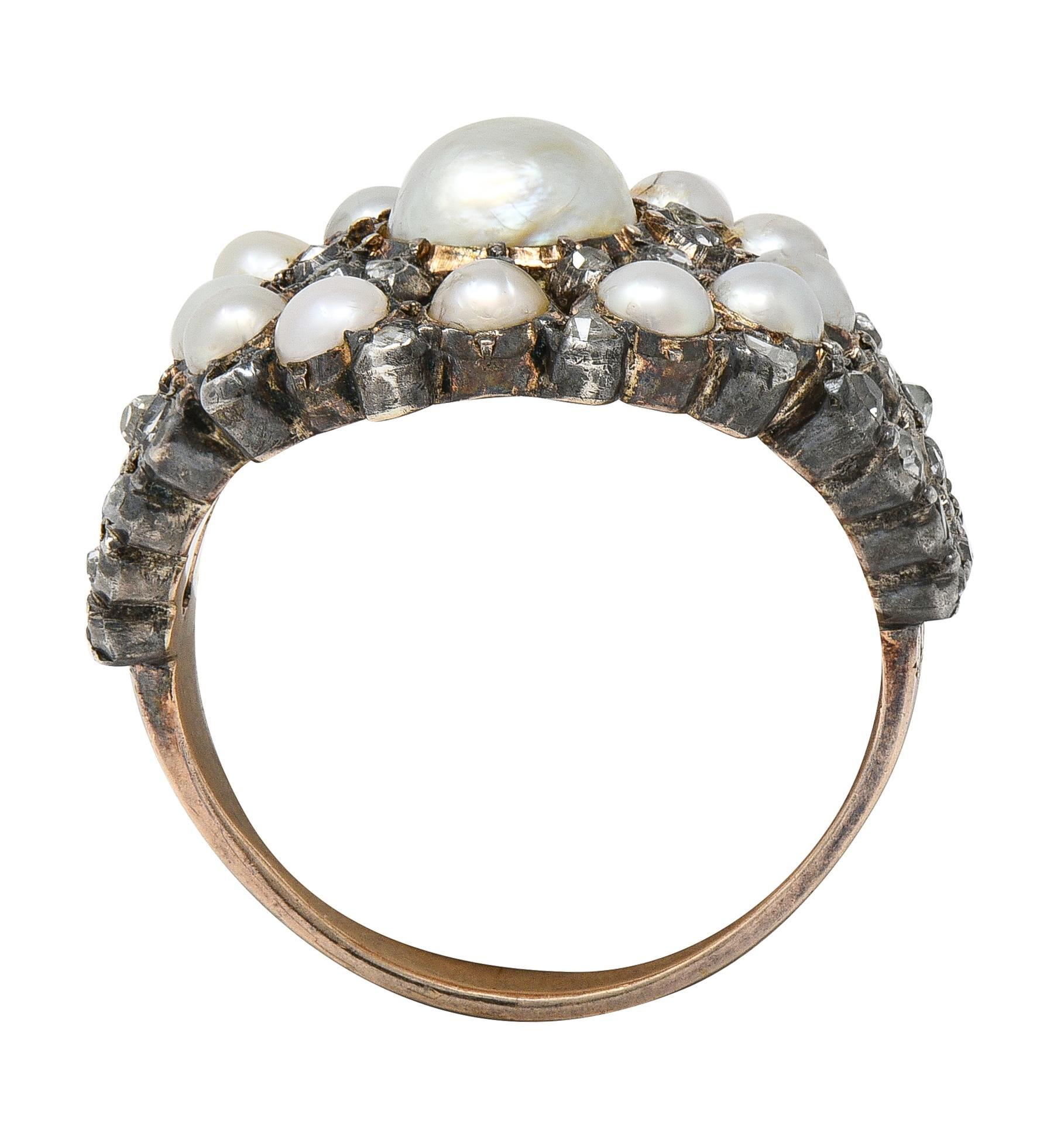 Donna Anello vittoriano con diamante e perla in argento sterling e oro 12 carati a scoppio radiale antico in vendita