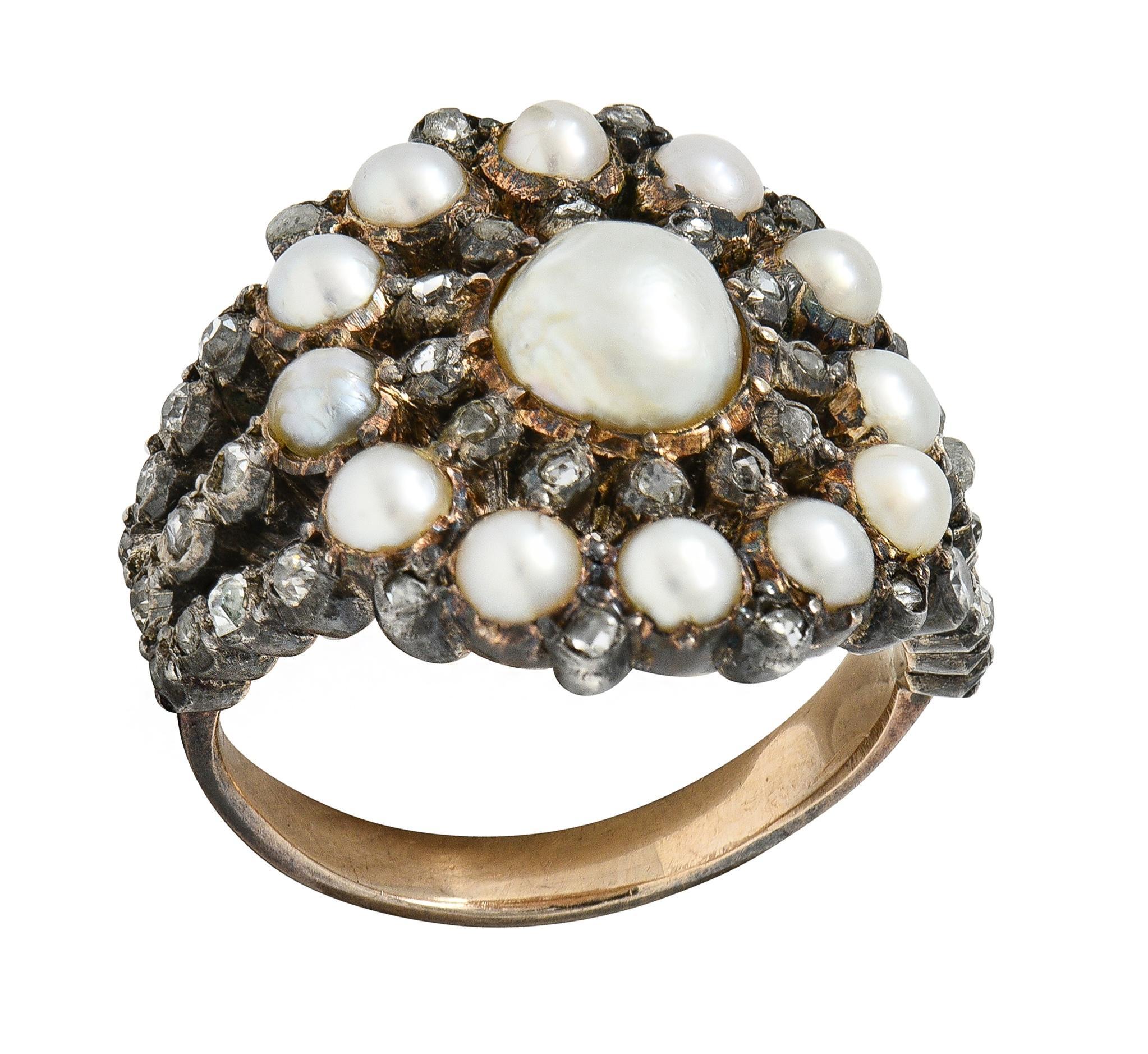 Anello vittoriano con diamante e perla in argento sterling e oro 12 carati a scoppio radiale antico in vendita 1