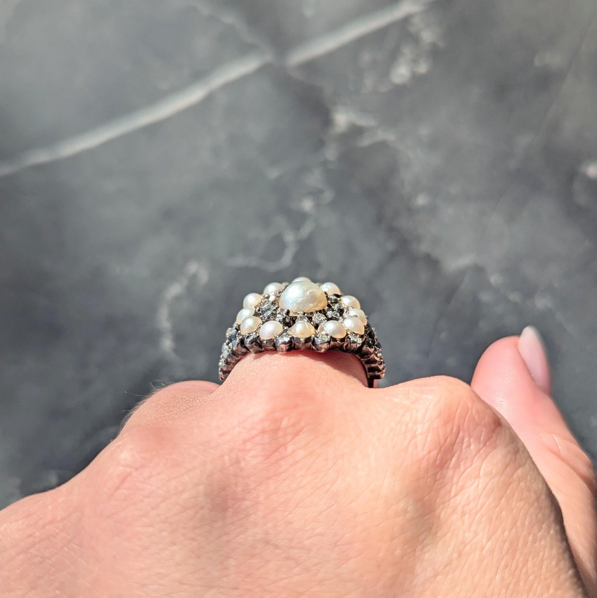 Anello vittoriano con diamante e perla in argento sterling e oro 12 carati a scoppio radiale antico in vendita 2