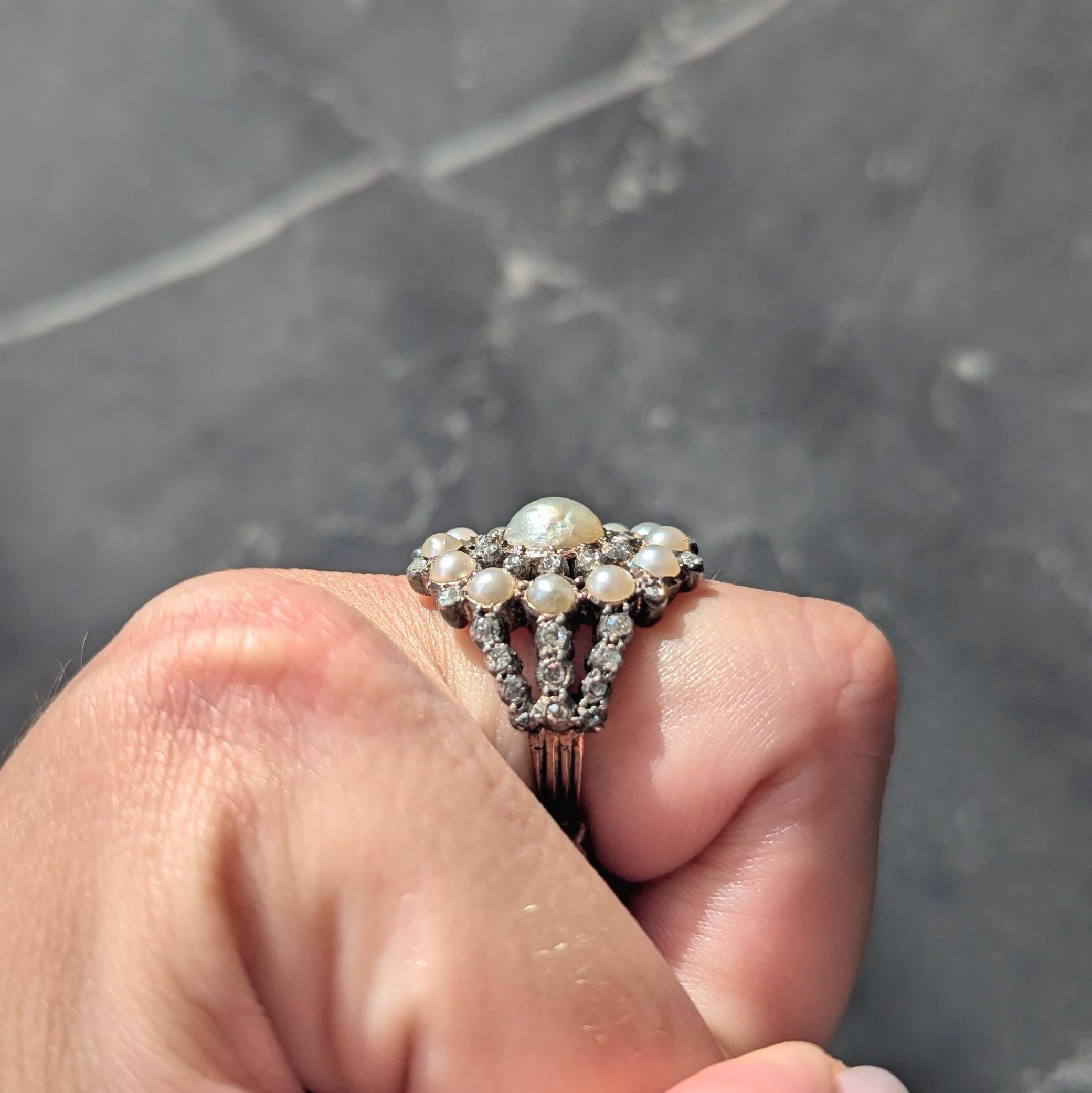Anello vittoriano con diamante e perla in argento sterling e oro 12 carati a scoppio radiale antico in vendita 3