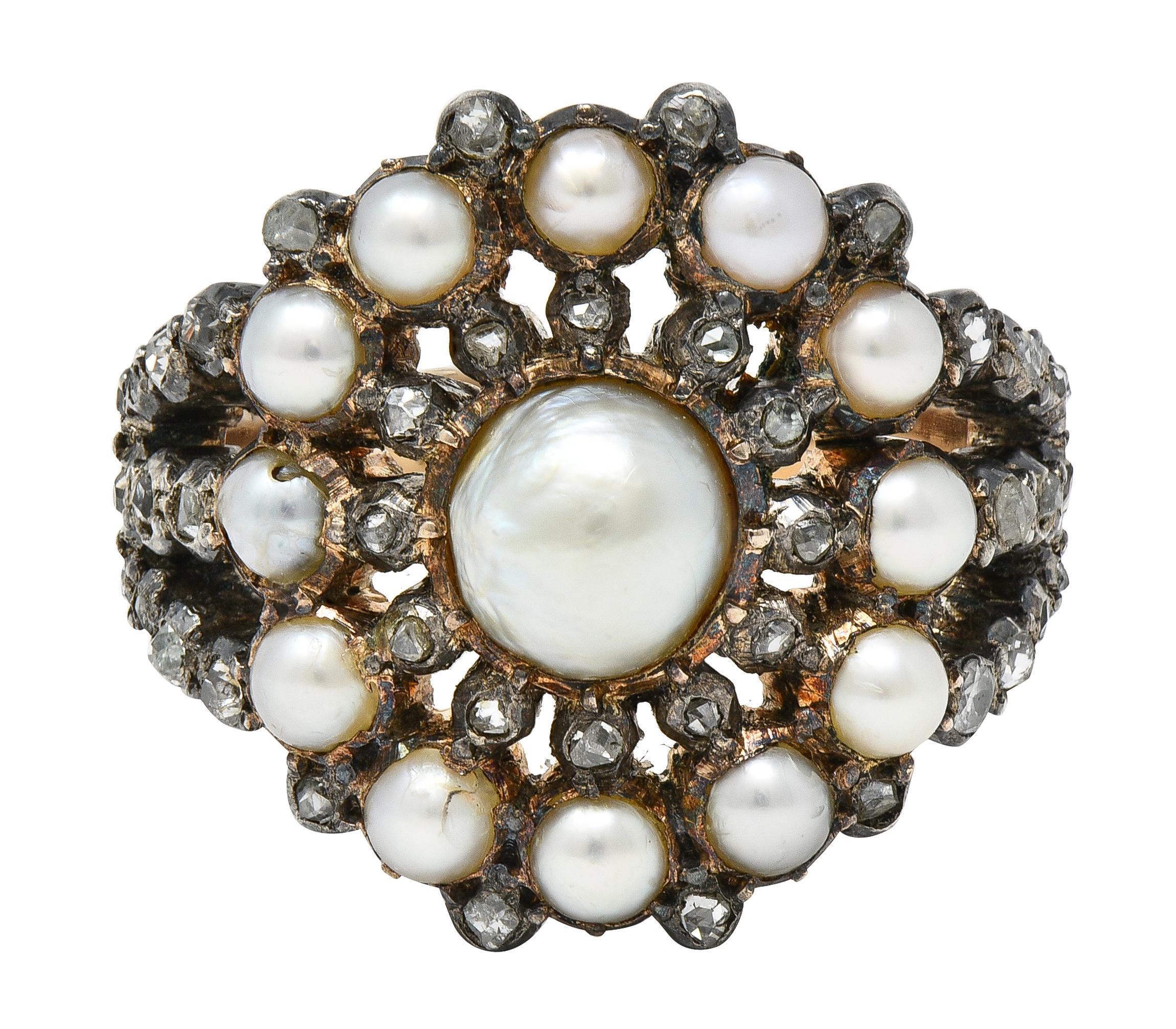 Anello vittoriano con diamante e perla in argento sterling e oro 12 carati a scoppio radiale antico in vendita