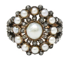 Bague victorienne en argent sterling, or 12 carats, à éclats radiaux, avec diamants et perles