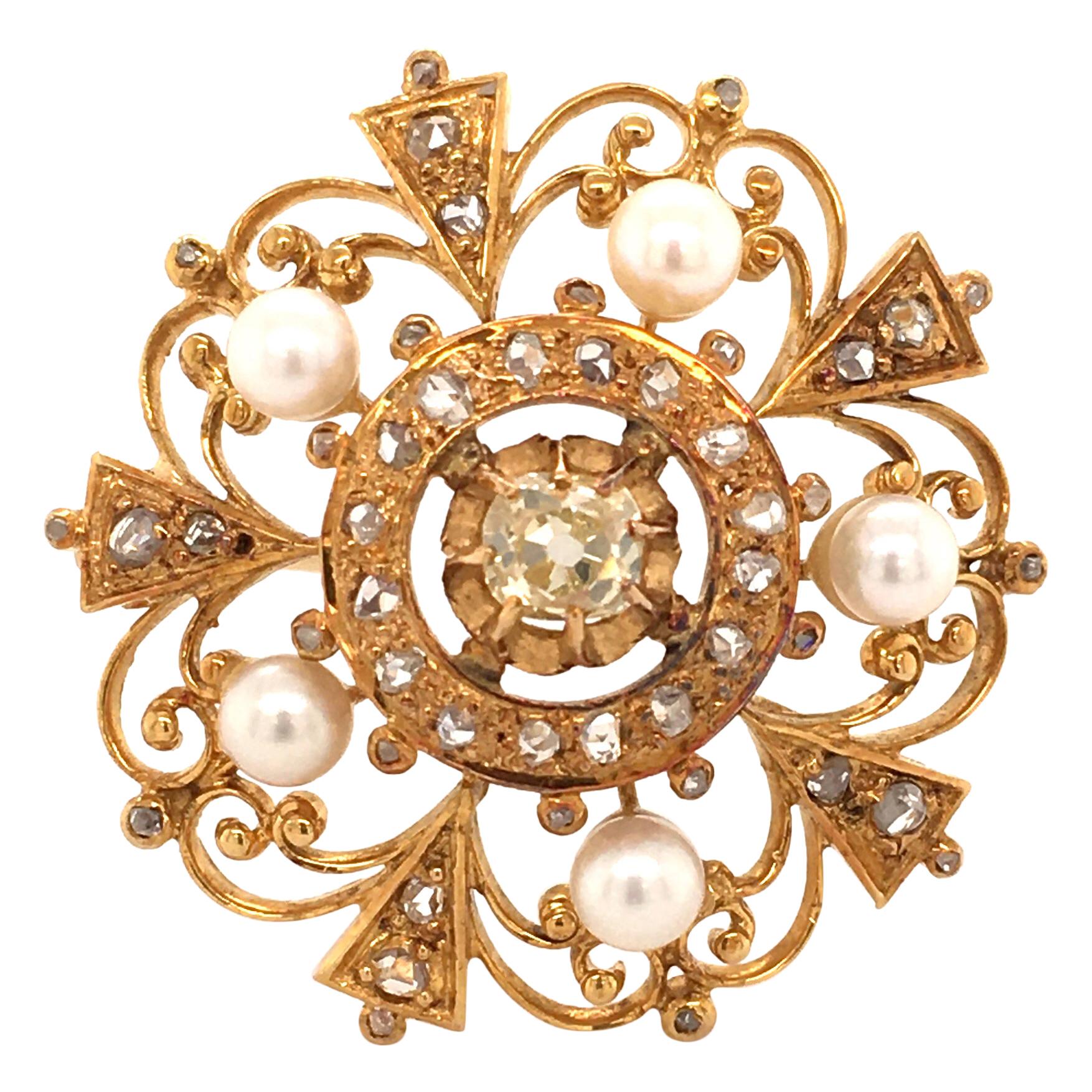 Victorian Diamond Pearl Yellow Gold Brooch or Pendant