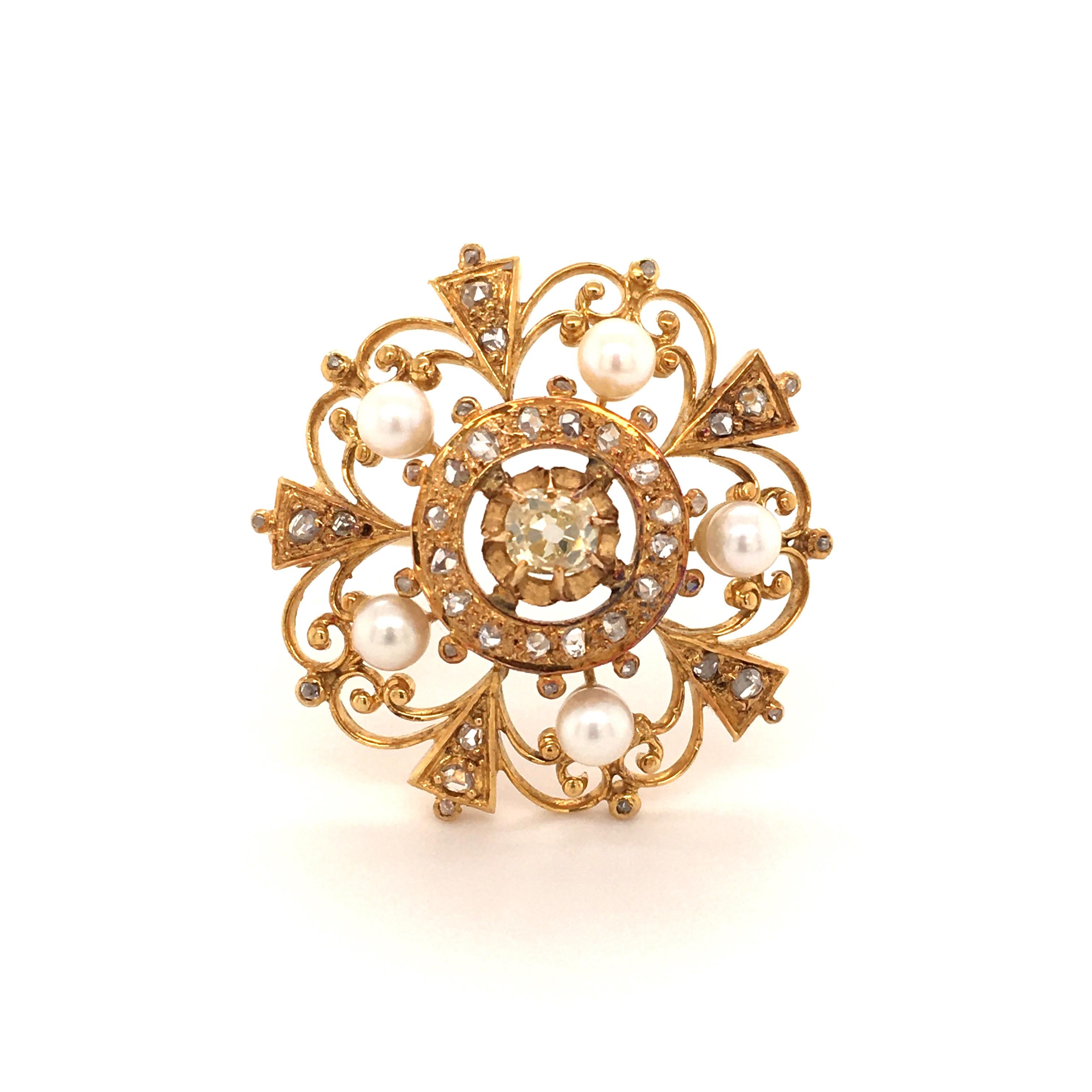 Nice brooch from the Victorian area in yellow gold 750. One old cut diamond of 0.40 ct surrounded by 46 rose cut diamonds and 5 (probably cultured) pearls of 4mm in diameter. 
The brooch is equipped with two loops so the jewel can also be worn as a