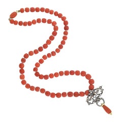Victorian Diamond Pin/Pendant and Natural Coral Beaded Necklace